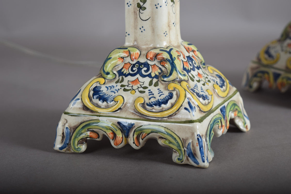 Antique Rouen Faience Ceramic Candlestick Lamp Pair, Hand-Painted Floral — French, Circa 1900