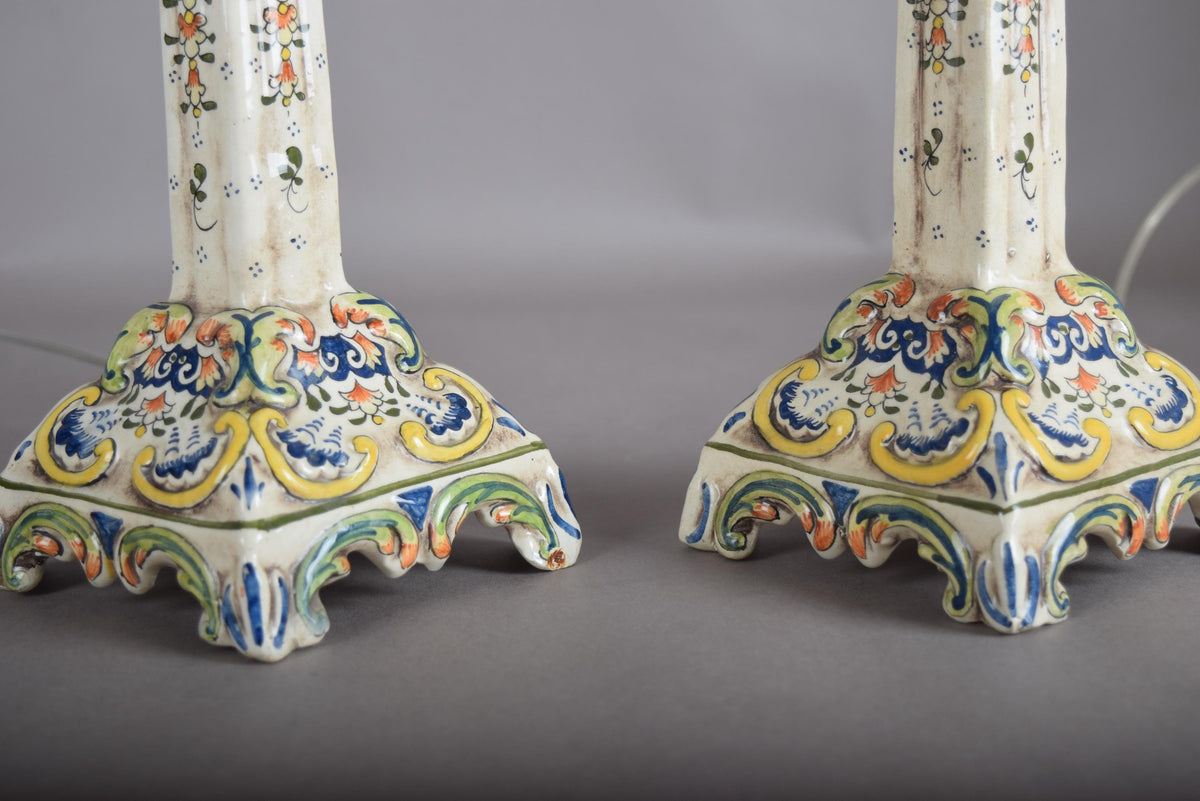 Antique Rouen Faience Ceramic Candlestick Lamp Pair, Hand-Painted Floral — French, Circa 1900