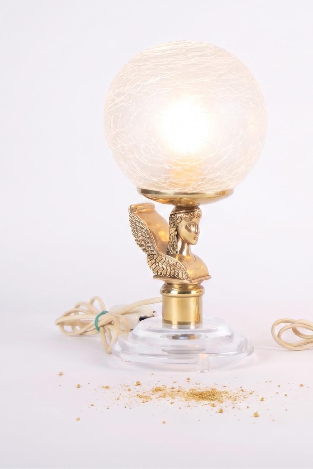 Vintage Brass-Toned Angel Table Lamps, Frosted Glass Globe Shade, Hollywood Regency, 1980s, Pair