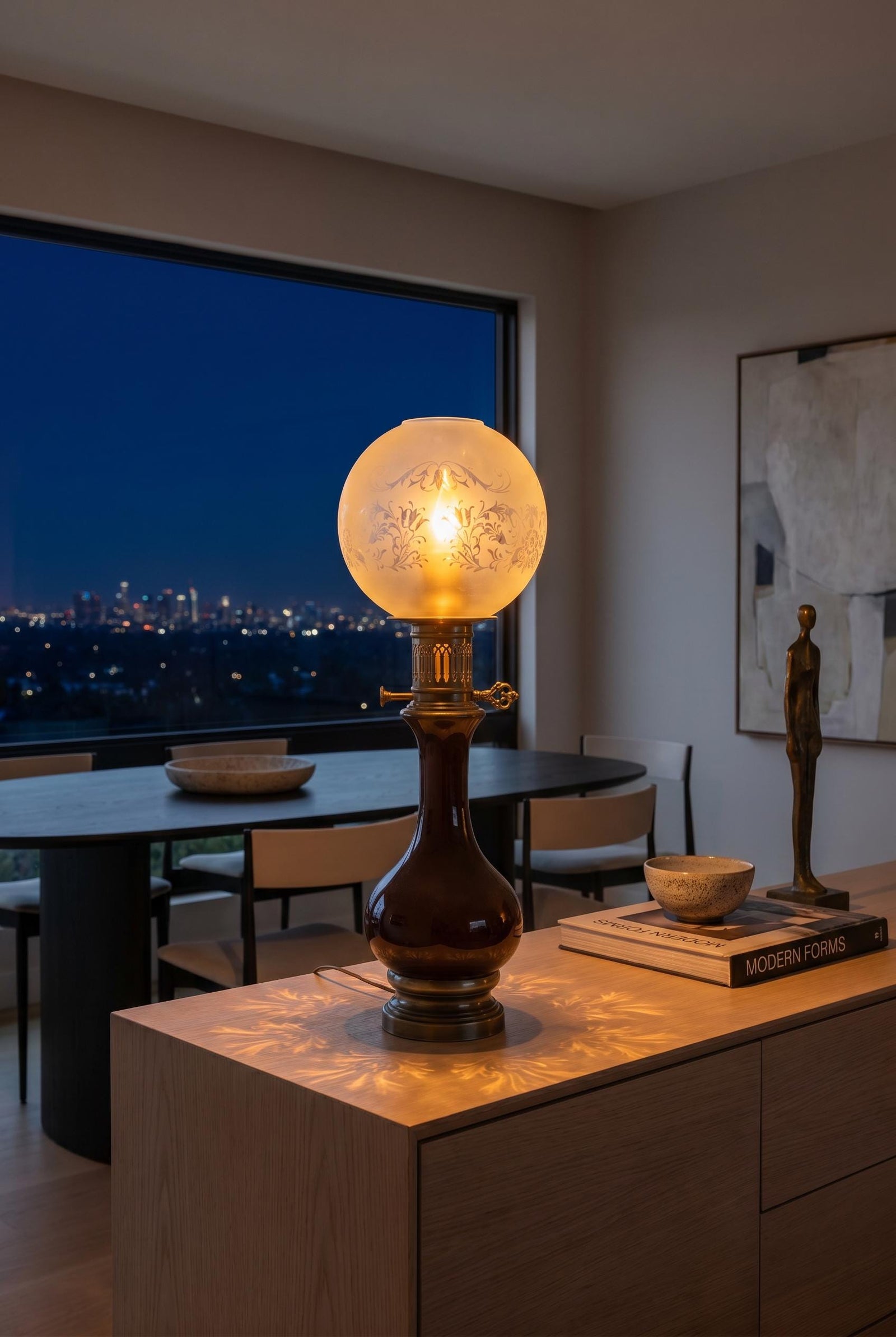 Vintage Glass and Brass Table Lamp, Etched Frosted Glass Globe Shade, 1950s