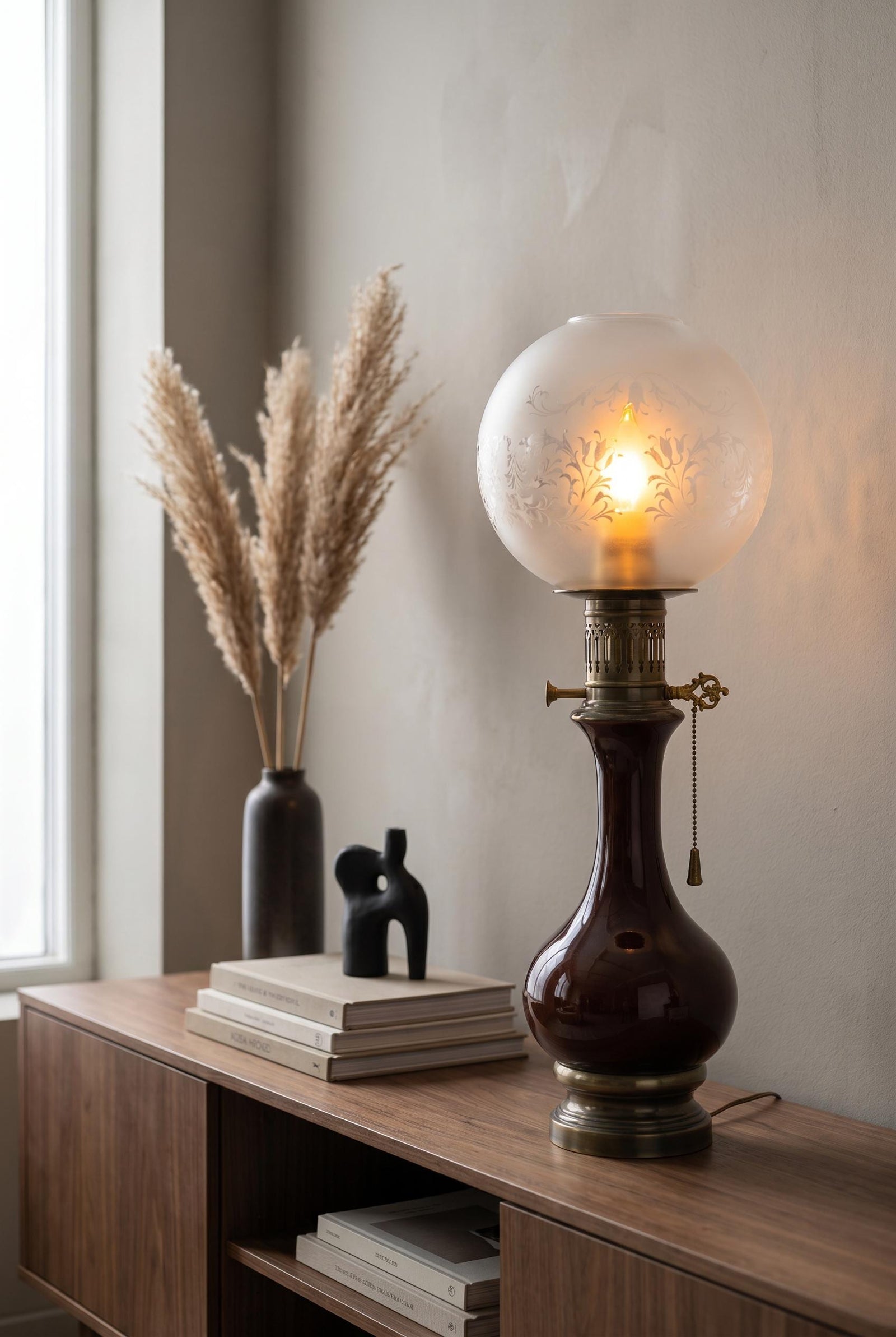 Vintage Glass and Brass Table Lamp, Etched Frosted Glass Globe Shade, 1950s