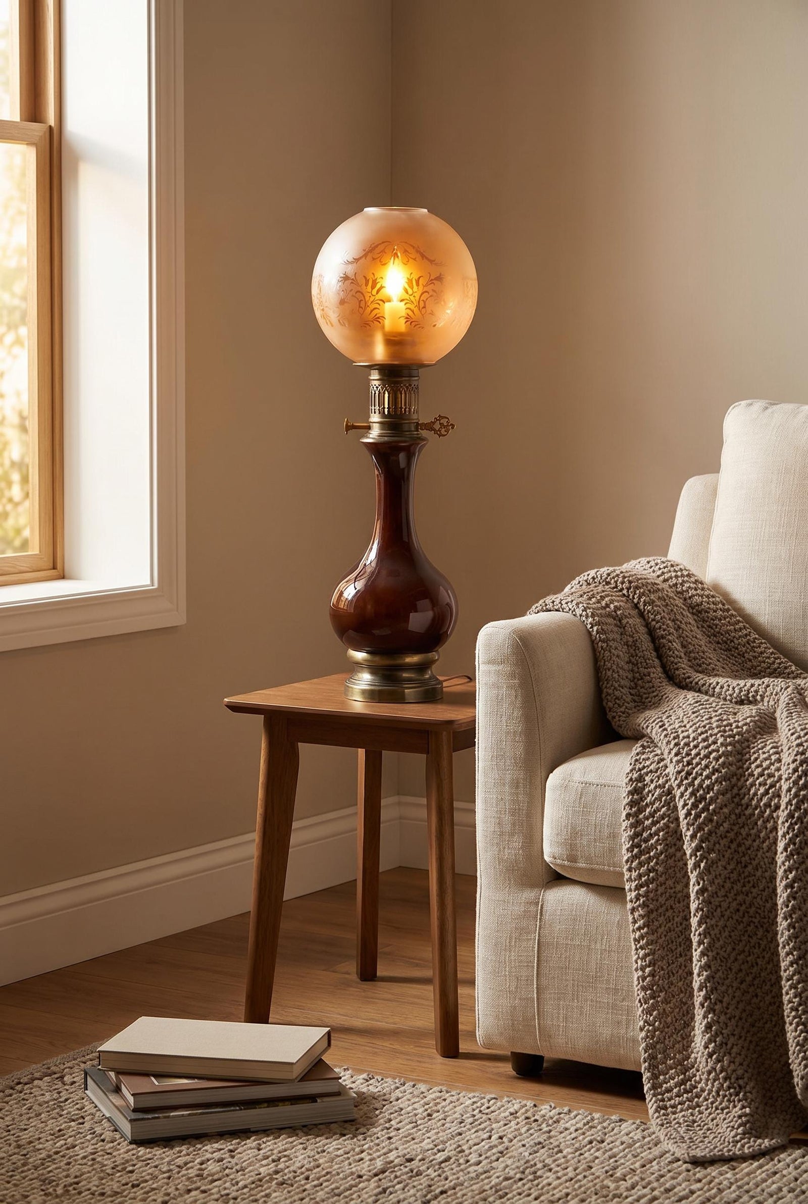 Vintage Glass and Brass Table Lamp, Etched Frosted Glass Globe Shade, 1950s