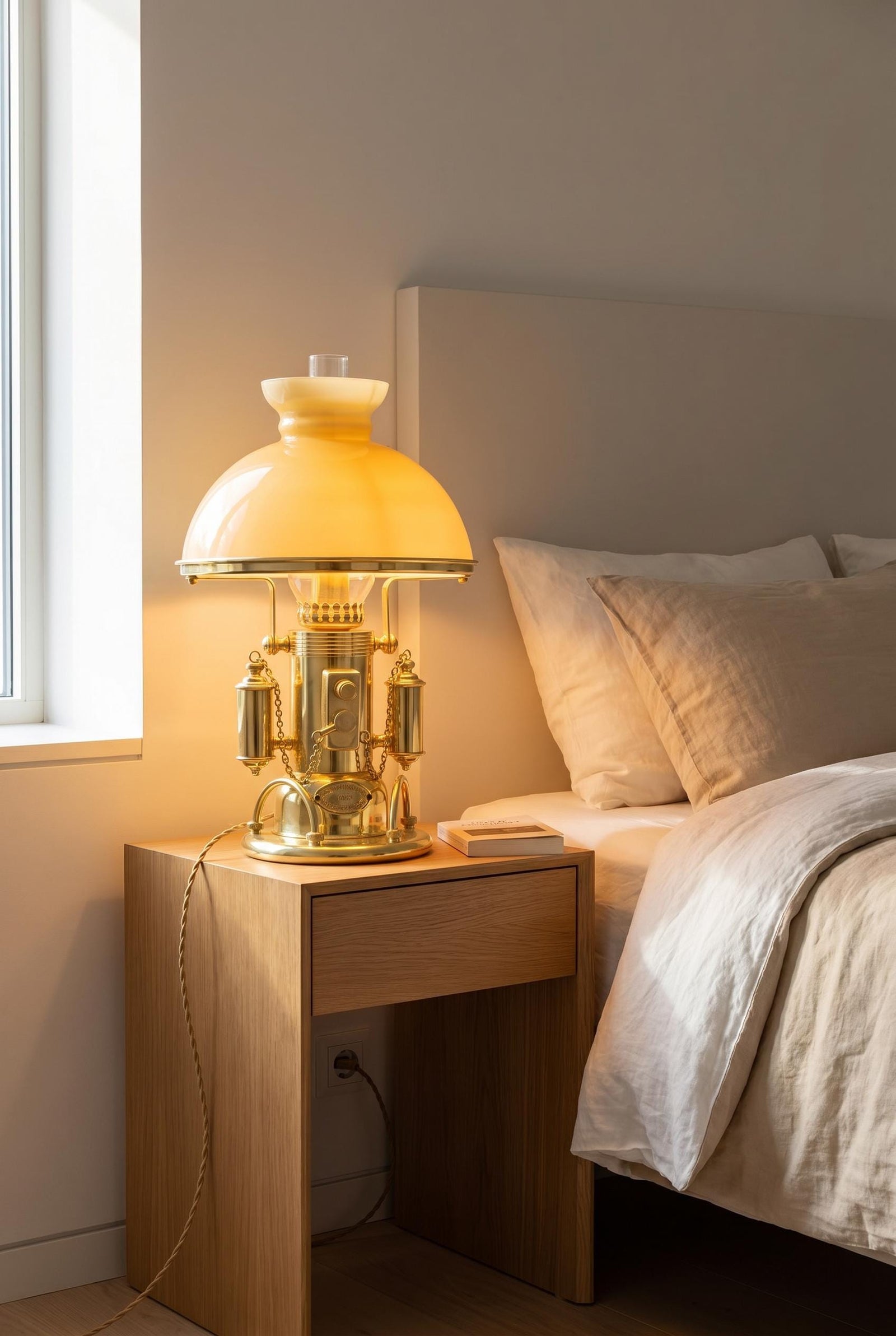 Vintage 1980s Gold-Plated Brass Nautical-Style Table Lamp – "SS Kansas City" Maritime Signal Lamp Design, Glass Dome Shade