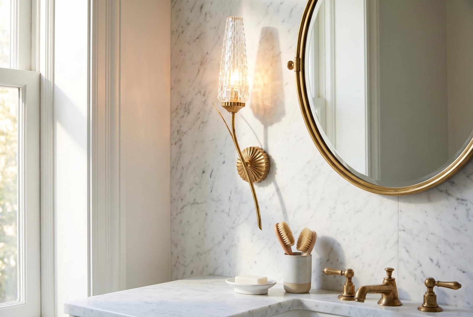 Vintage Gold-Toned Wall Sconces, Textured Glass Shades, Mid-Century Modern, Pair