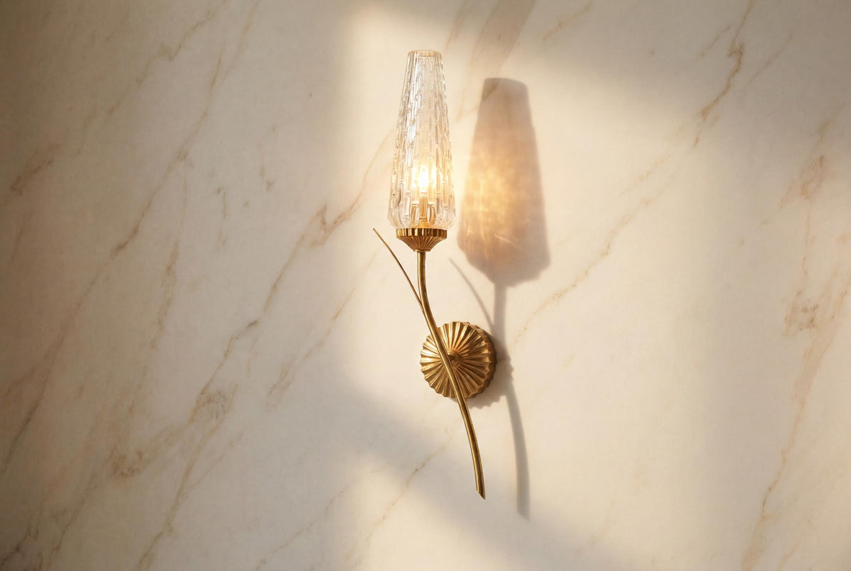 Vintage Gold-Toned Wall Sconces, Textured Glass Shades, Mid-Century Modern, Pair