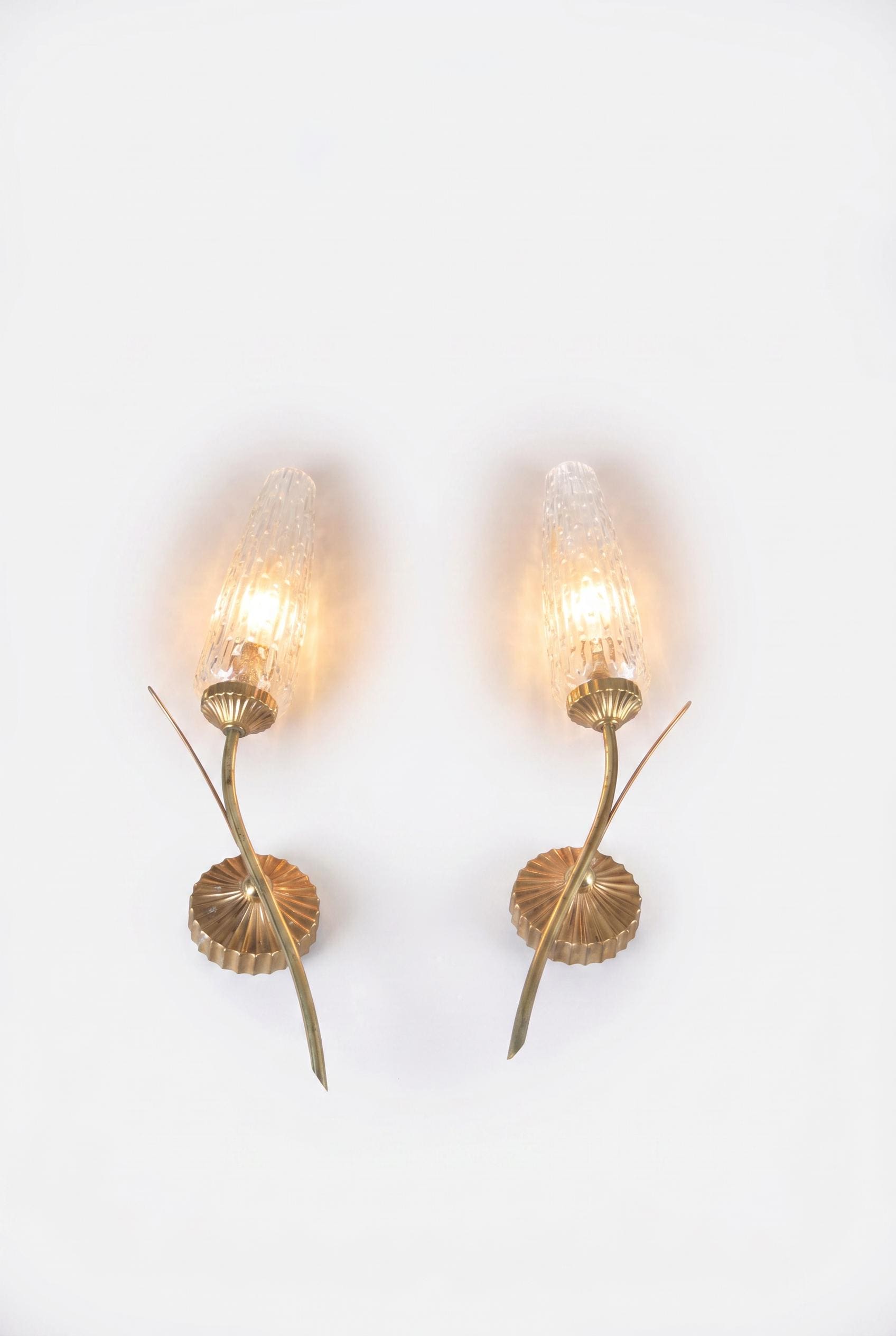Vintage Gold-Toned Wall Sconces, Textured Glass Shades, Mid-Century Modern, Pair