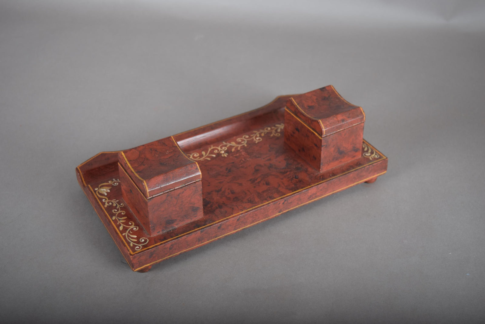 Vintage Hand-Painted Wooden Double Inkwell, Floral Detailing — French Style, 1950s