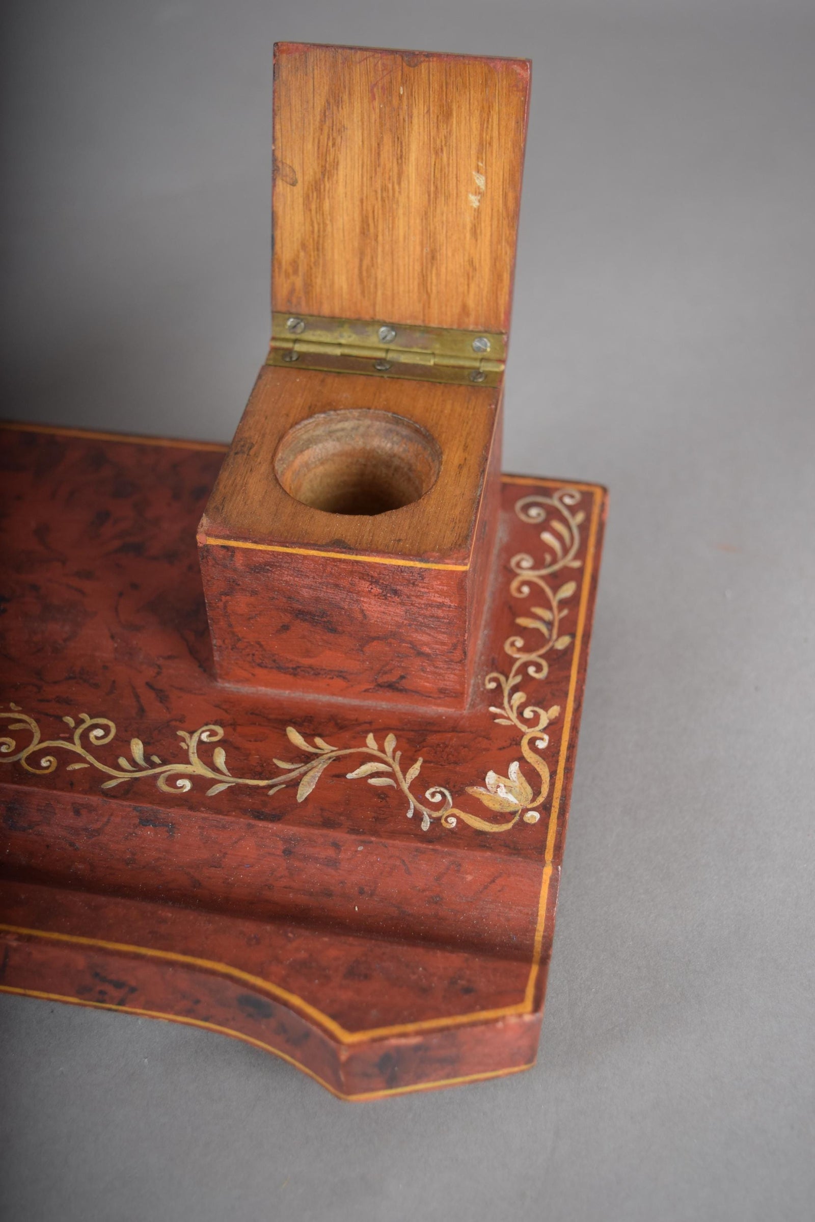 Vintage Hand-Painted Wooden Double Inkwell, Floral Detailing — French Style, 1950s