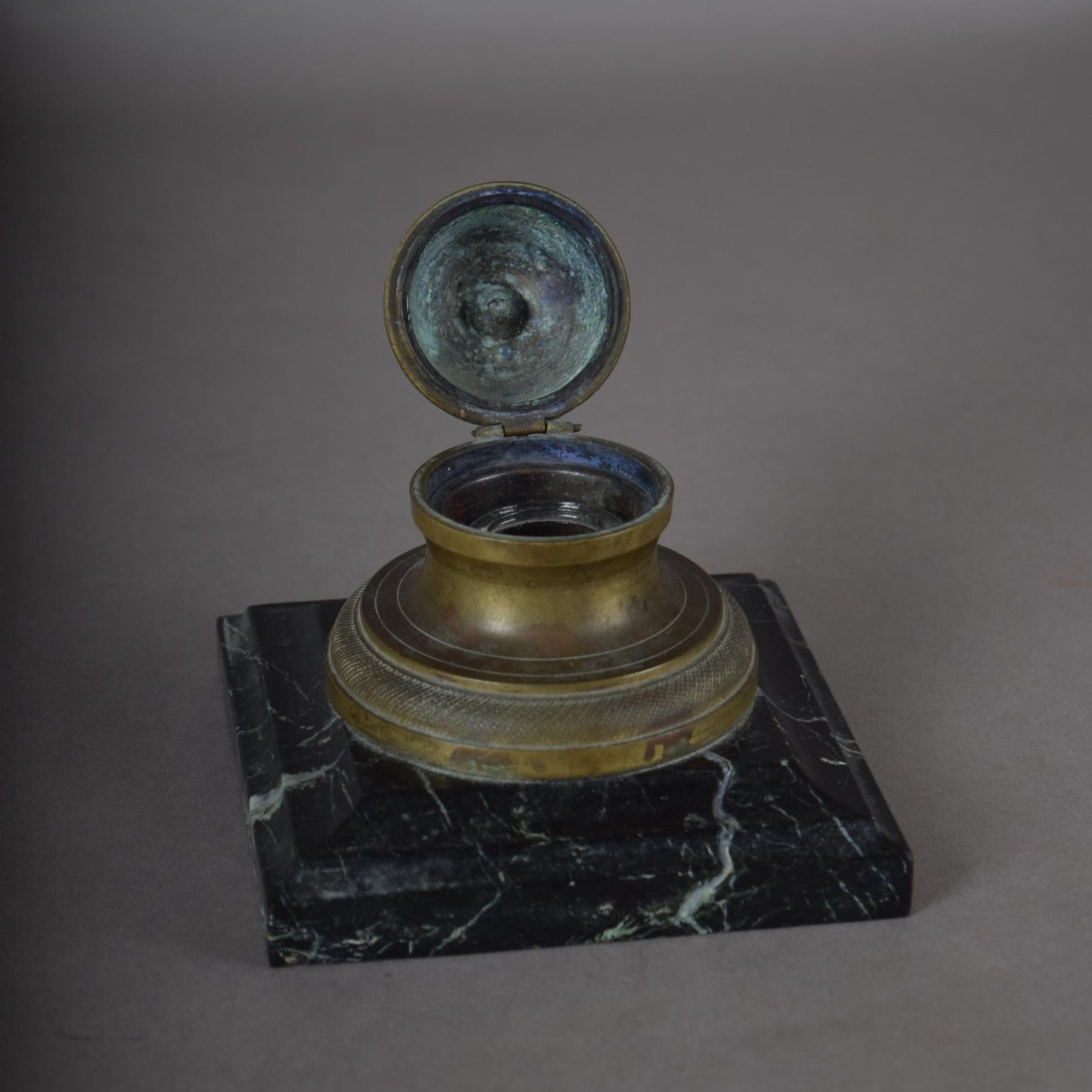 Antique Bronze Inkwell, 19th Century | French Style Marble Base | Hinged Desk Accessory, Writing Collectible