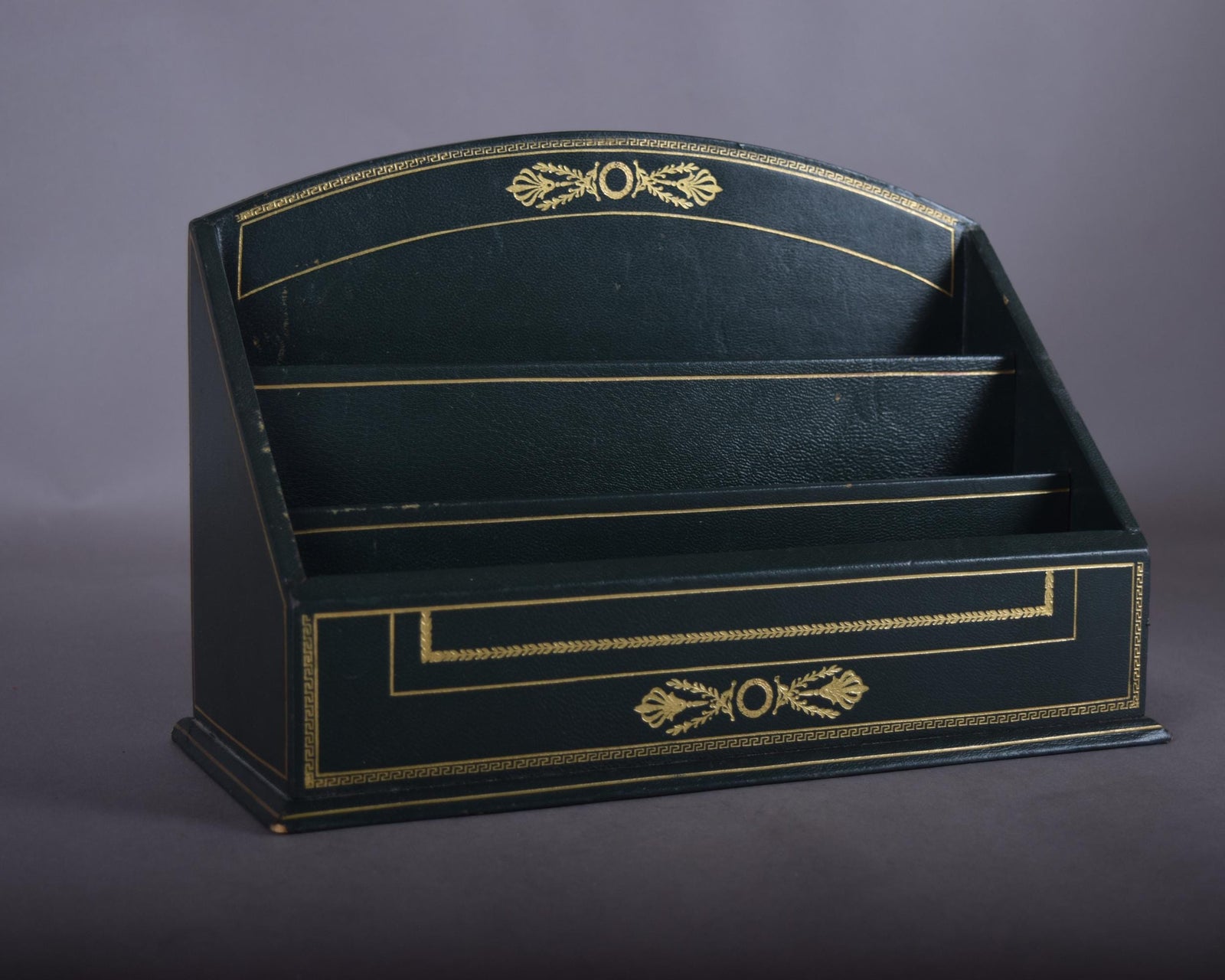 Vintage Leather-Style Letter Holder, Green and Gold Desk Organizer, Paper Sorter with Compartments, Classic Office Decor