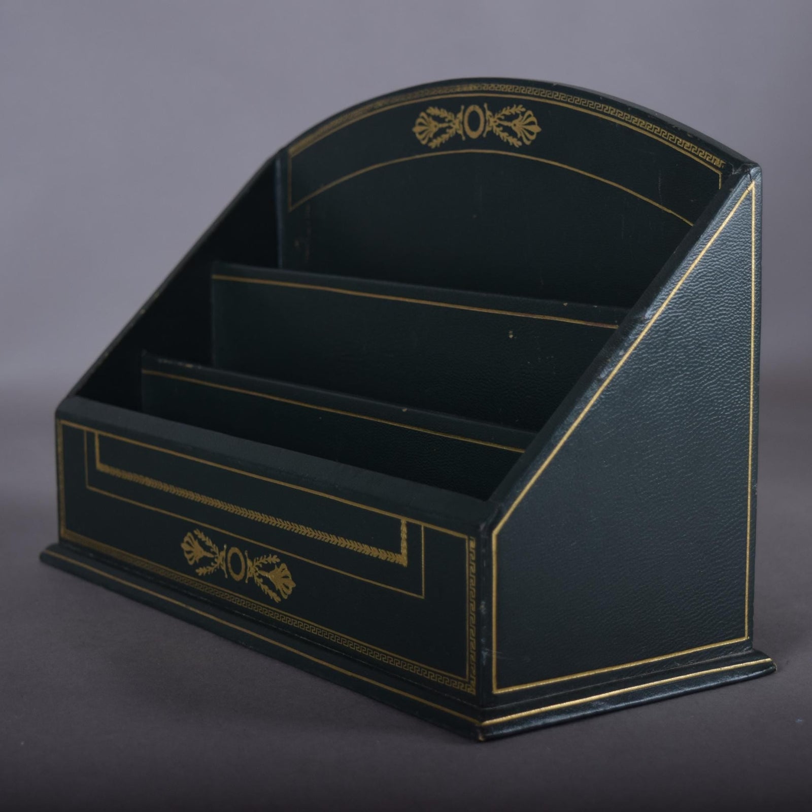 Vintage Leather-Style Letter Holder, Green and Gold Desk Organizer, Paper Sorter with Compartments, Classic Office Decor