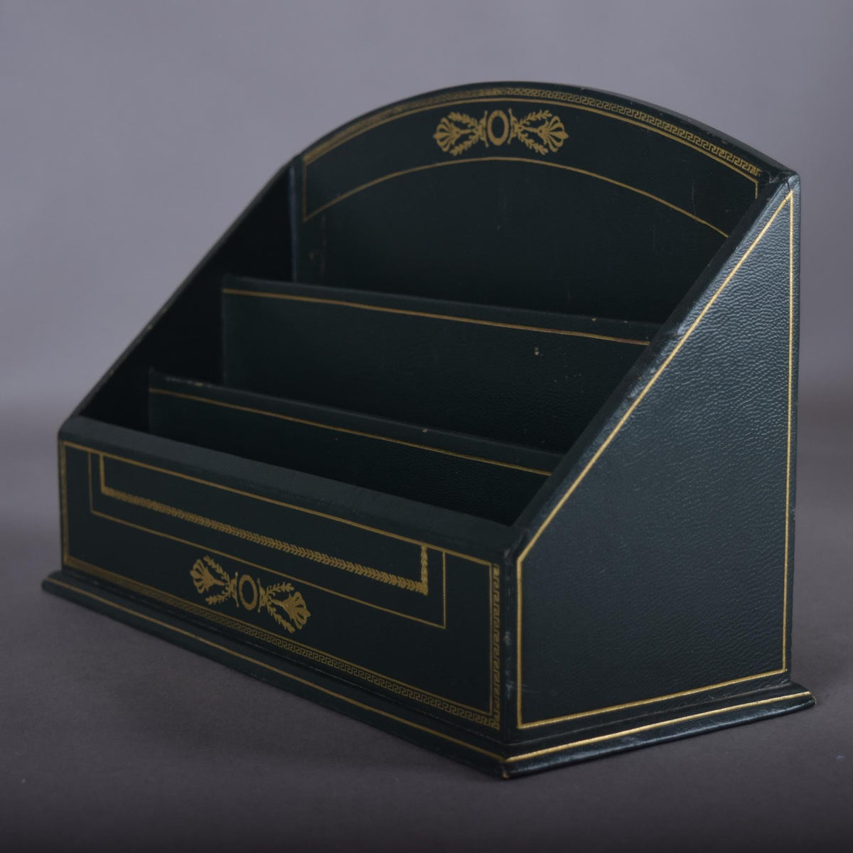 Vintage Leather-Style Letter Holder, Green and Gold Desk Organizer, Paper Sorter with Compartments, Classic Office Decor