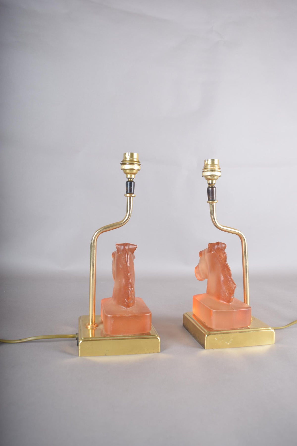 Le Dauphin Horse Lamps, Pair Vintage French Satin Glass and Brass Table Lamps, 1970s
