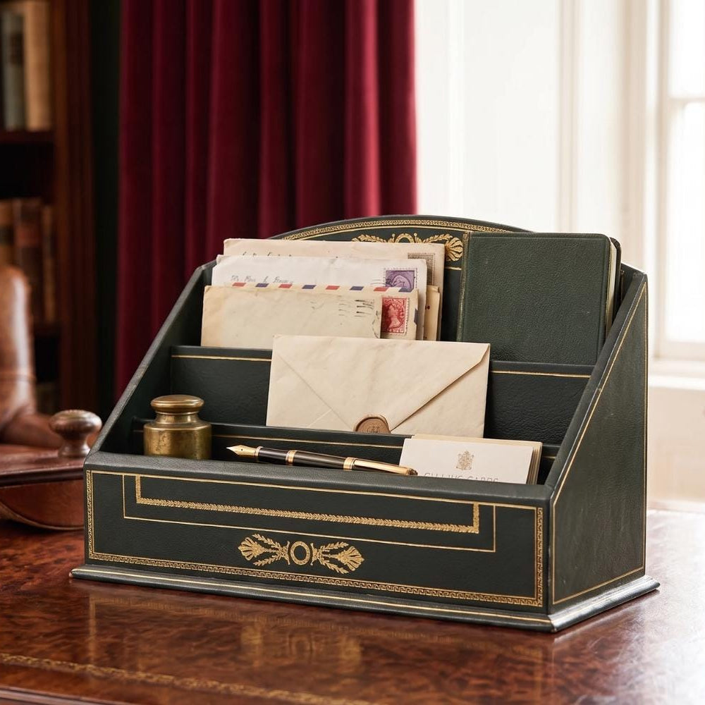 Vintage Leather-Style Letter Holder, Green and Gold Desk Organizer, Paper Sorter with Compartments, Classic Office Decor