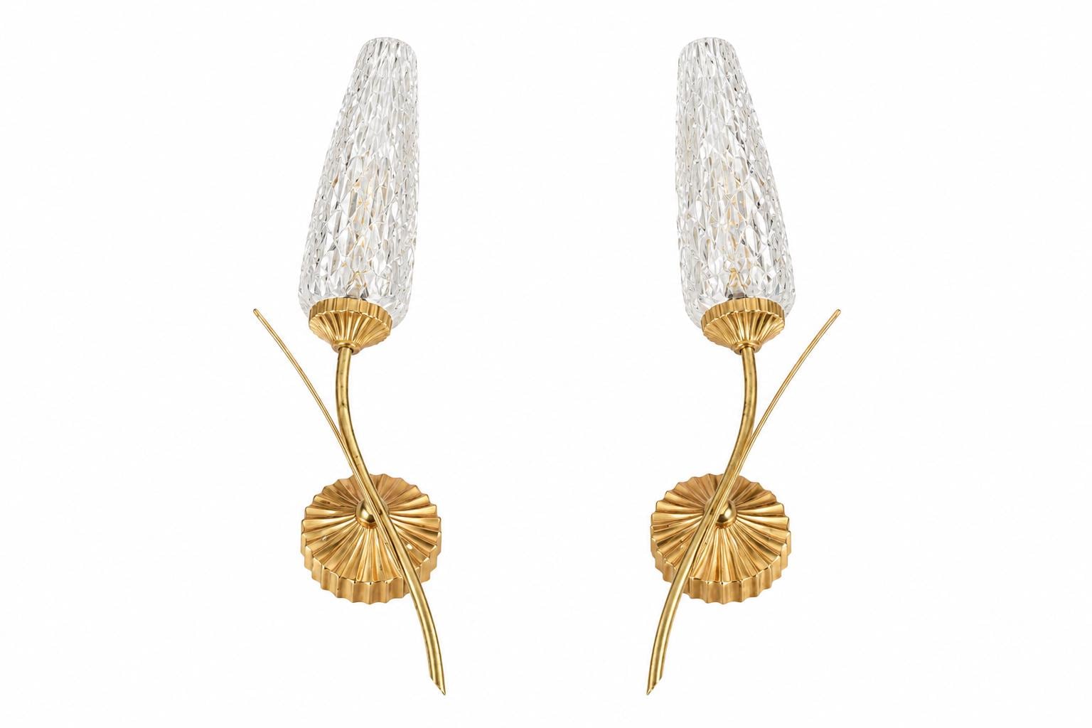 Vintage Gold-Toned Wall Sconces, Textured Glass Shades, Mid-Century Modern, Pair