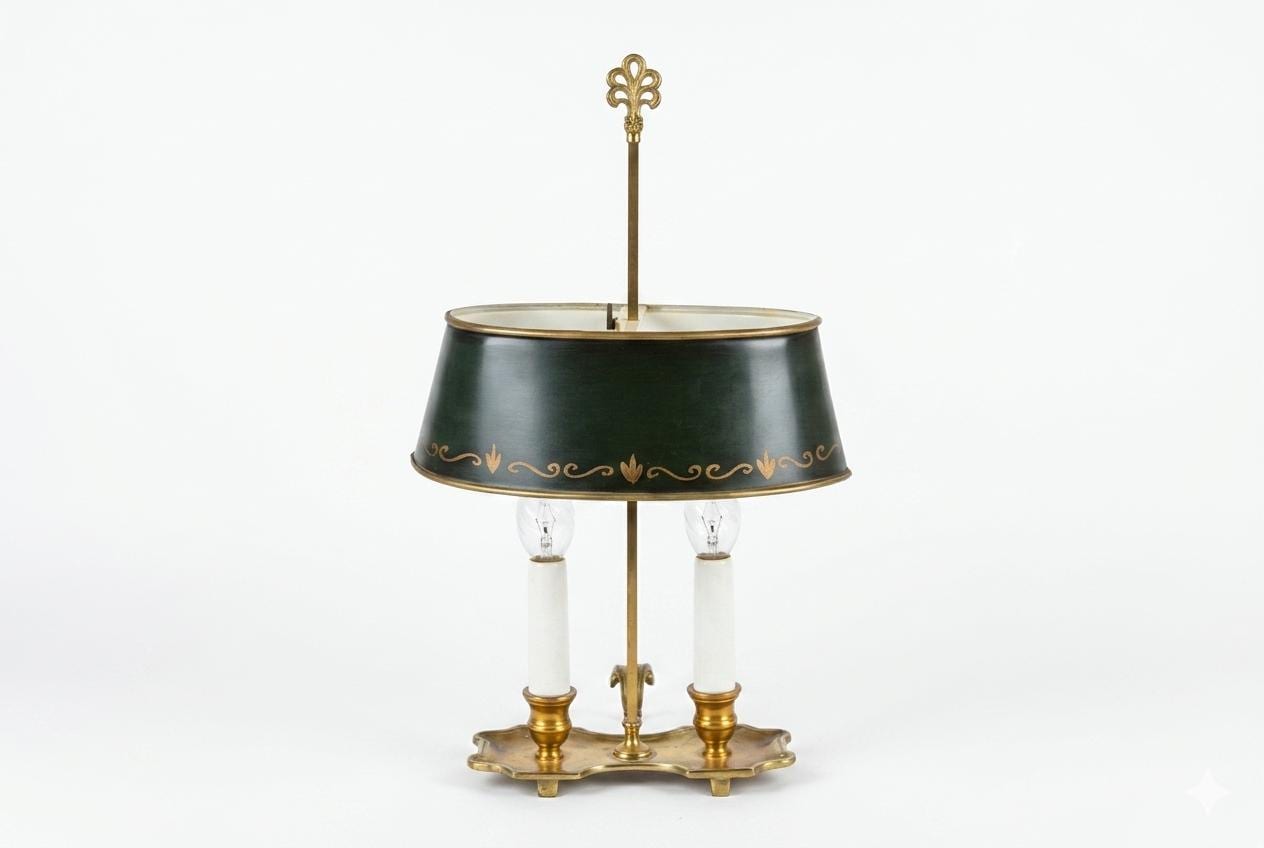 Vintage Brass Bouillotte Lamp, Green Tole Shade with Gold Trim, Dual Light, French Style