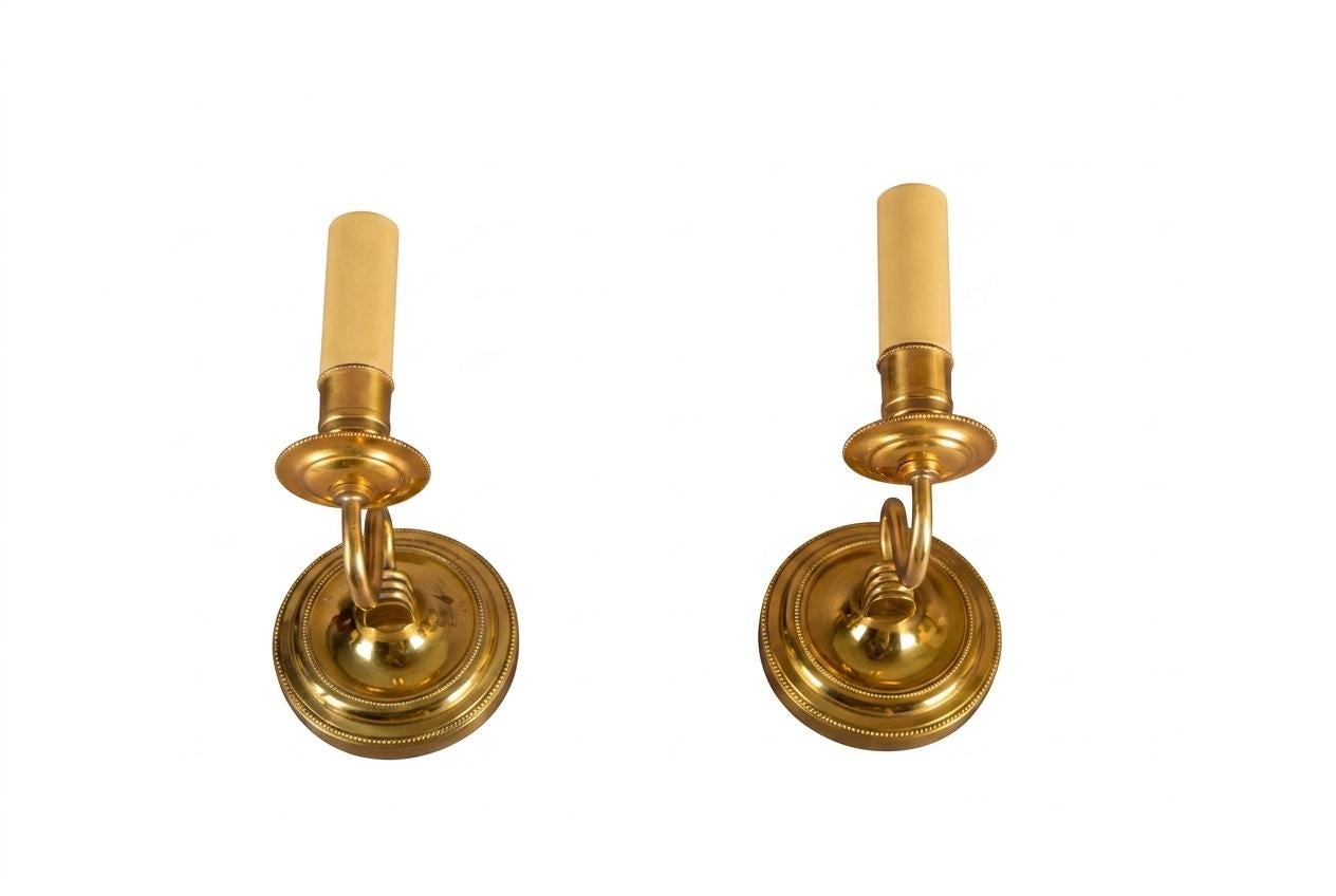 Vintage Brass Wall Sconces, French Style Curved Arm, Candle-Style Fitting, Pair