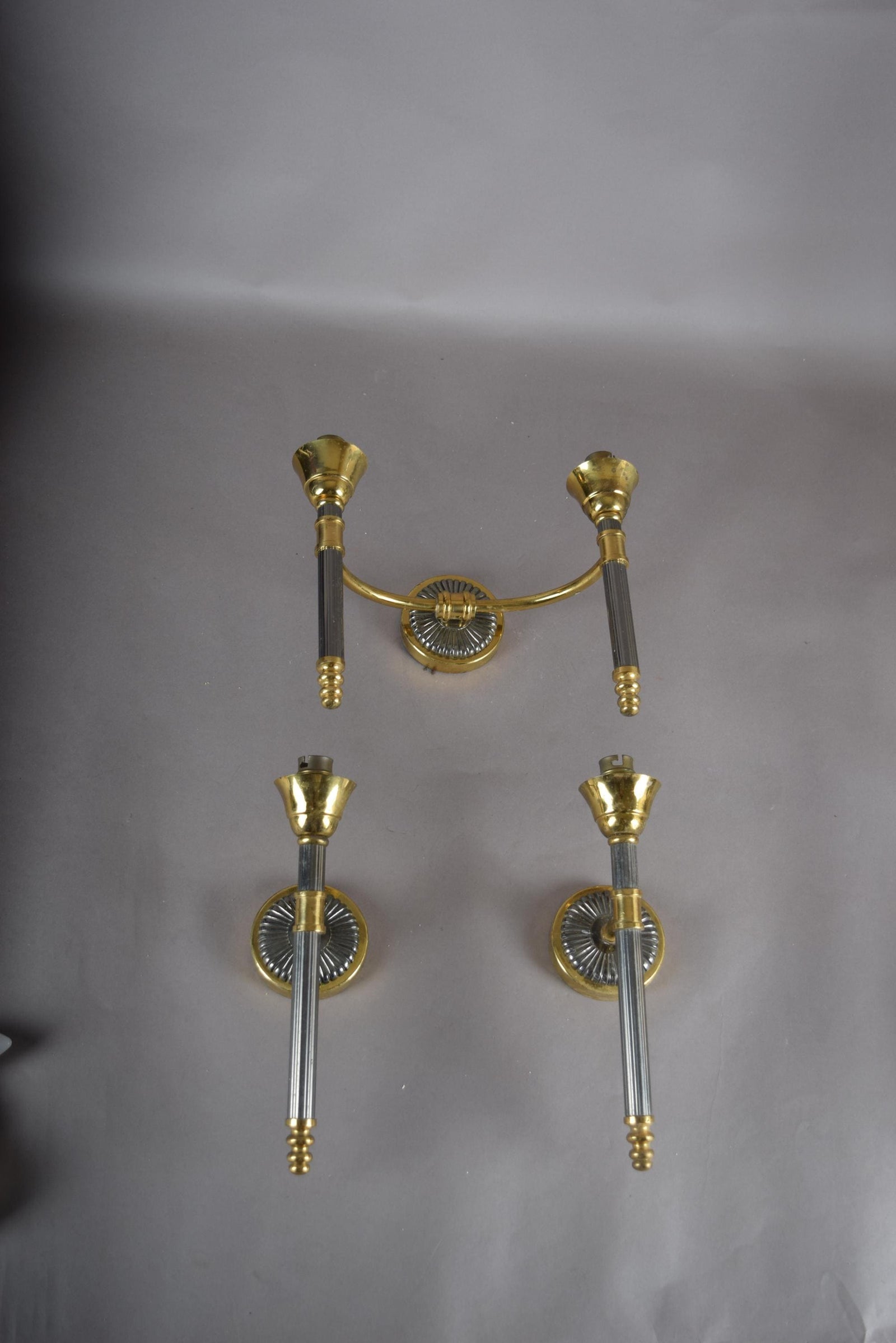 Vintage 1950s Brass Wall Sconces, Set of Three — Two Single Arm, One Double Arm, Mid-Century