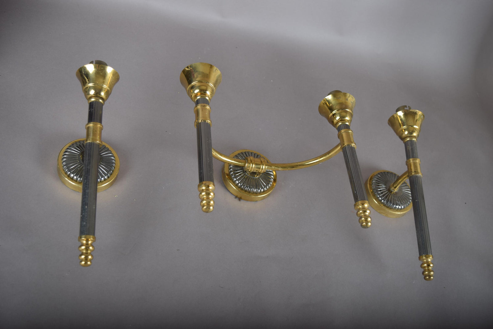 Vintage 1950s Brass Wall Sconces, Set of Three — Two Single Arm, One Double Arm, Mid-Century