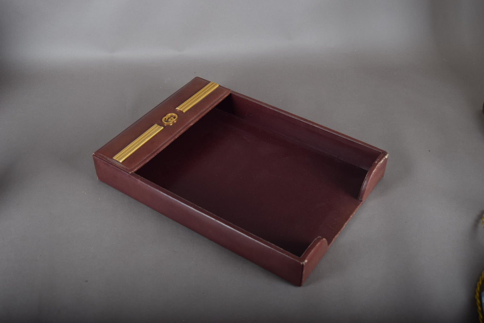 Vintage 1970s Gucci Red Leather Desk Tray – Gold Double-G Logo Paper Organizer, Rare Designer Office Accessory