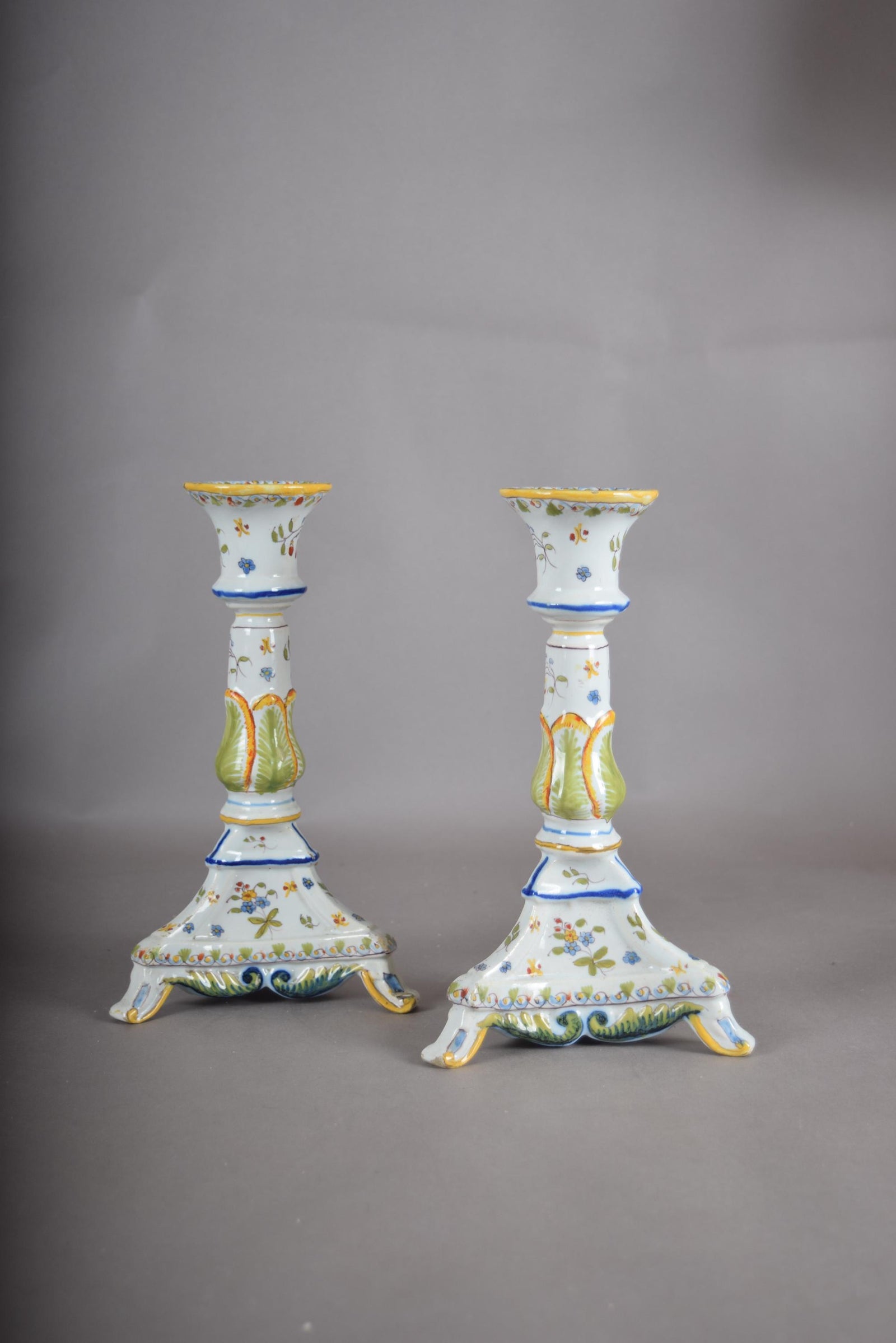 Vintage Hand-Painted Ceramic Candlesticks, Heraldic Floral Pair, Antique Table Décor