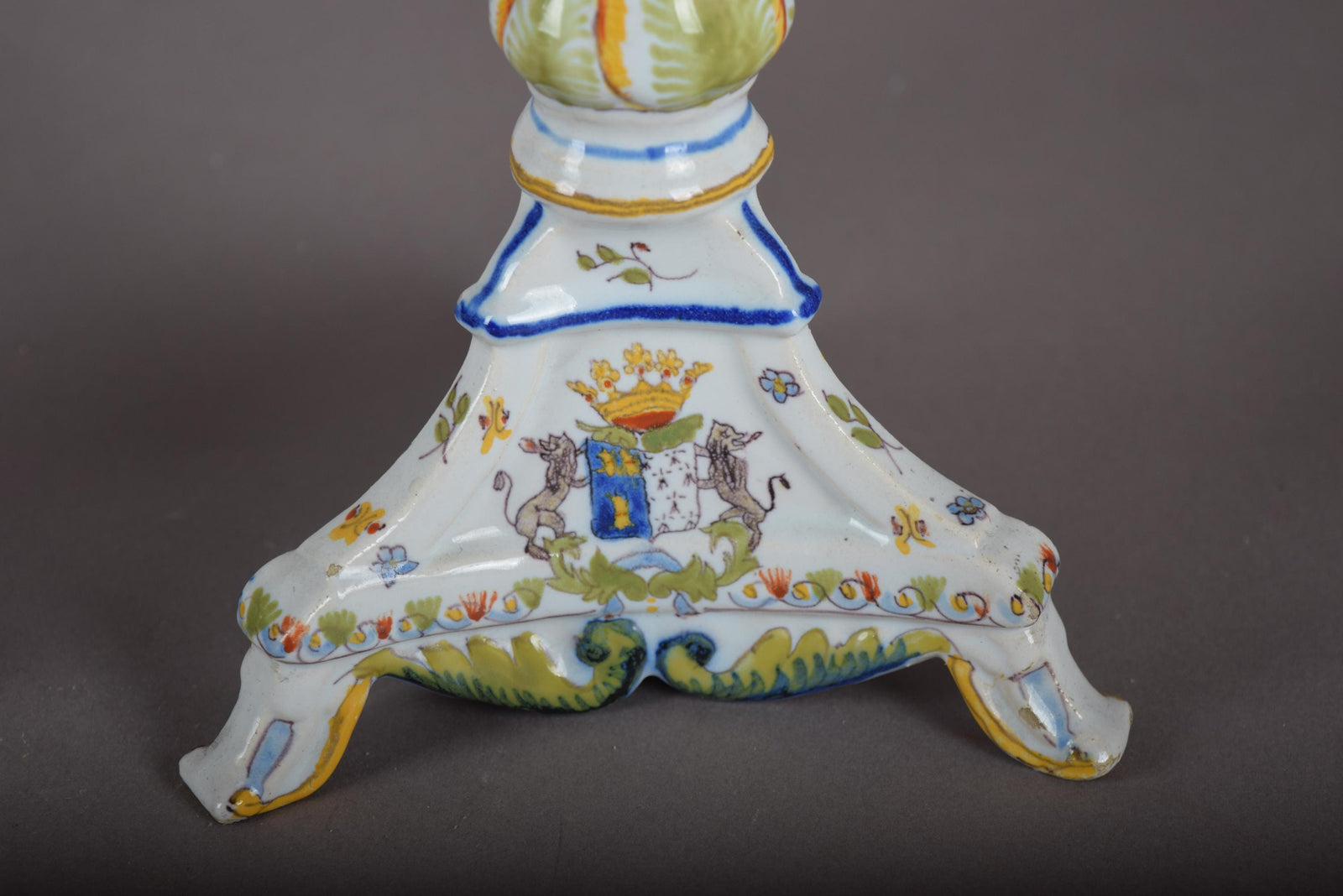 Vintage Hand-Painted Ceramic Candlesticks, Heraldic Floral Pair, Antique Table Décor