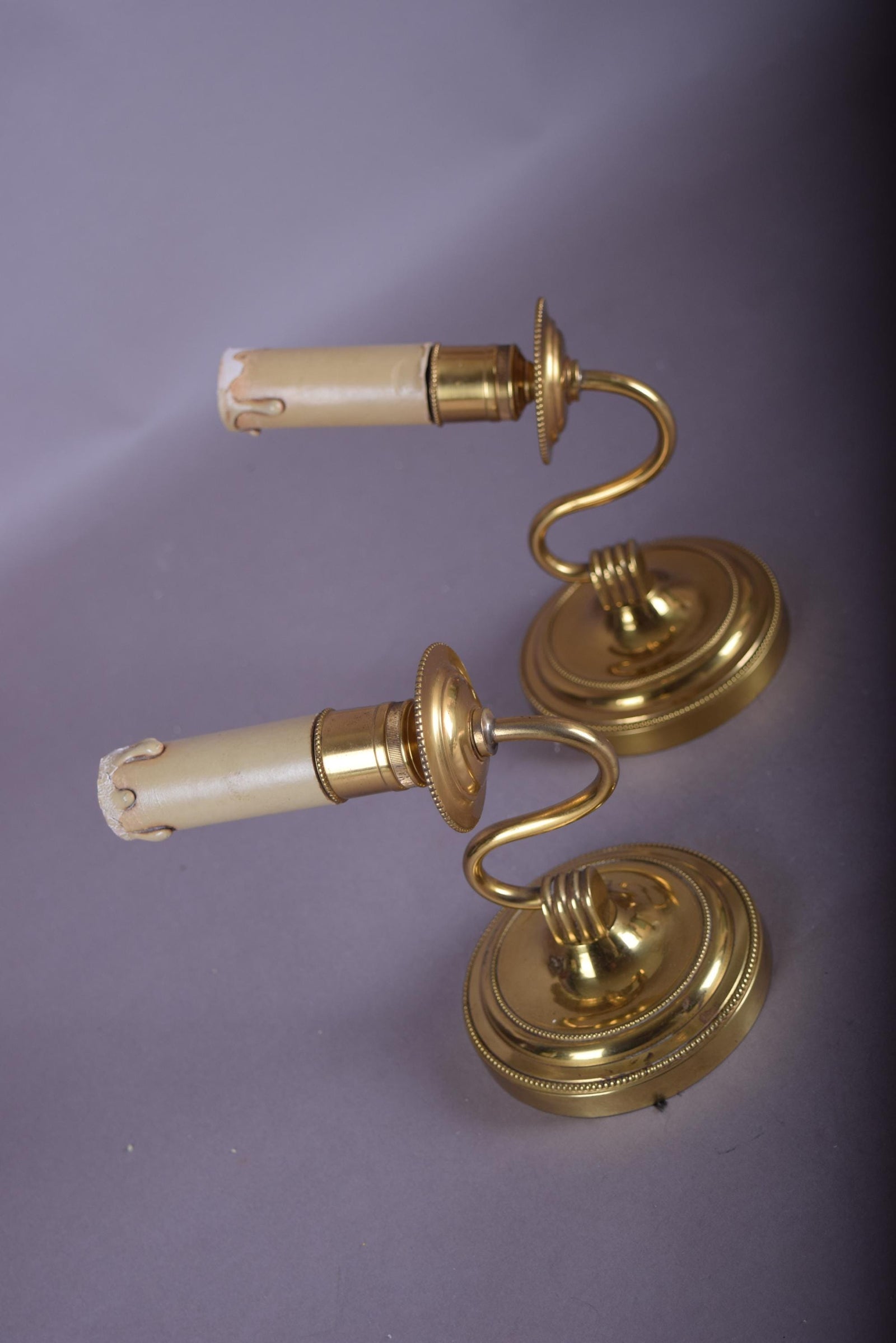 Vintage Brass Wall Sconces, French Style Curved Arm, Candle-Style Fitting, Pair