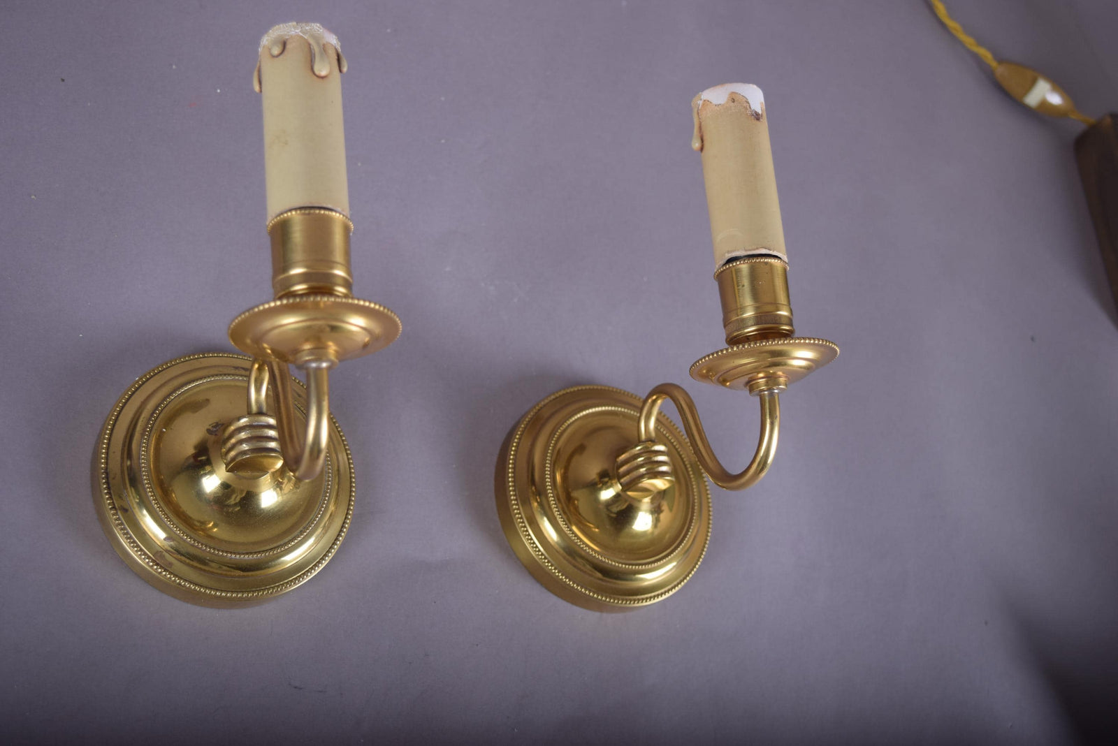 Vintage Brass Wall Sconces, French Style Curved Arm, Candle-Style Fitting, Pair