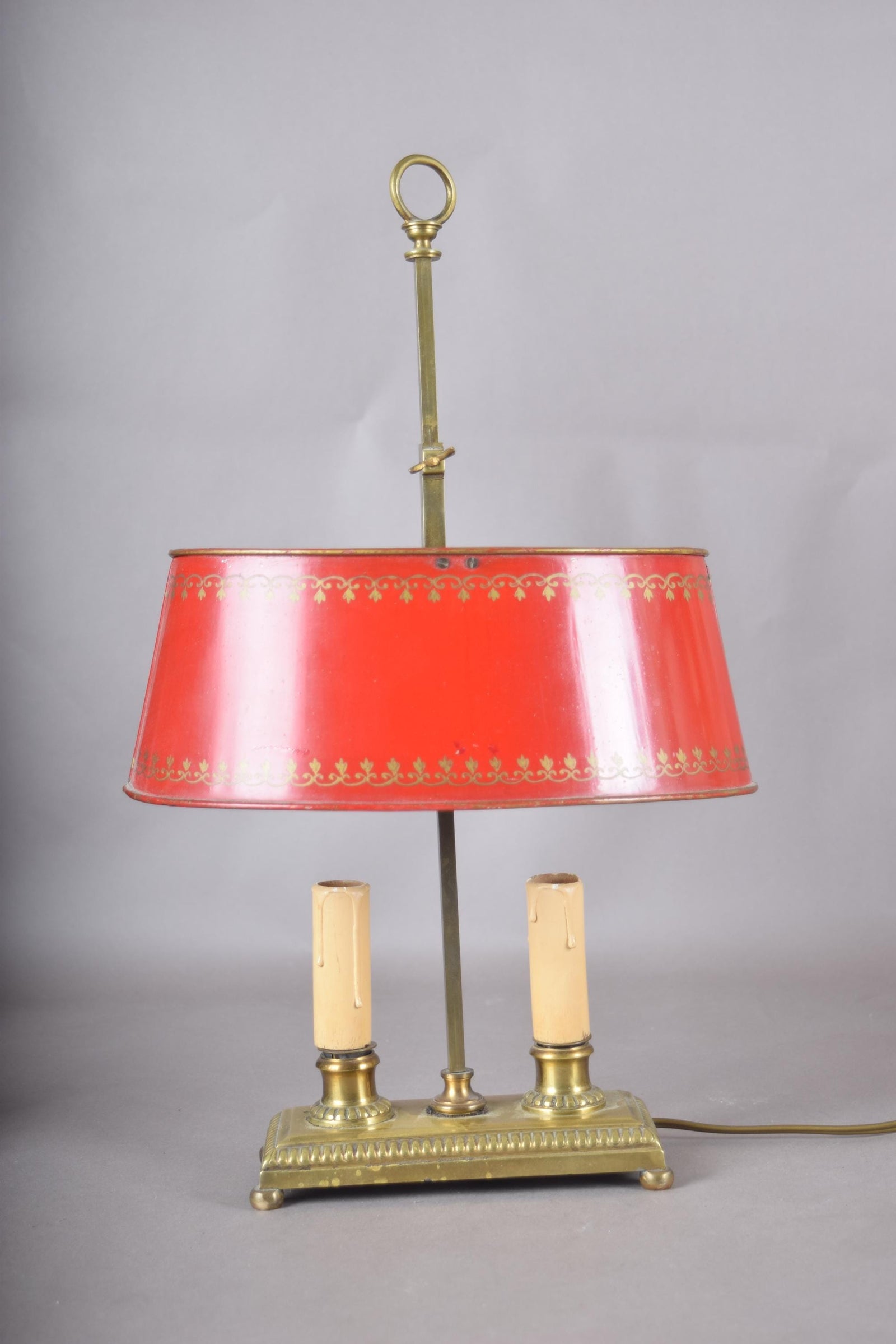 Vintage Brass Bouillotte Table Lamp, Red Tole Shade — French Style, circa 1950s
