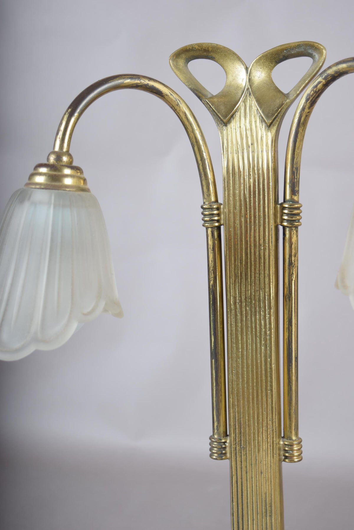 Vintage Brass Double-Arm Table Lamp, Frosted Tulip Shades — Art Nouveau Style, 1950s