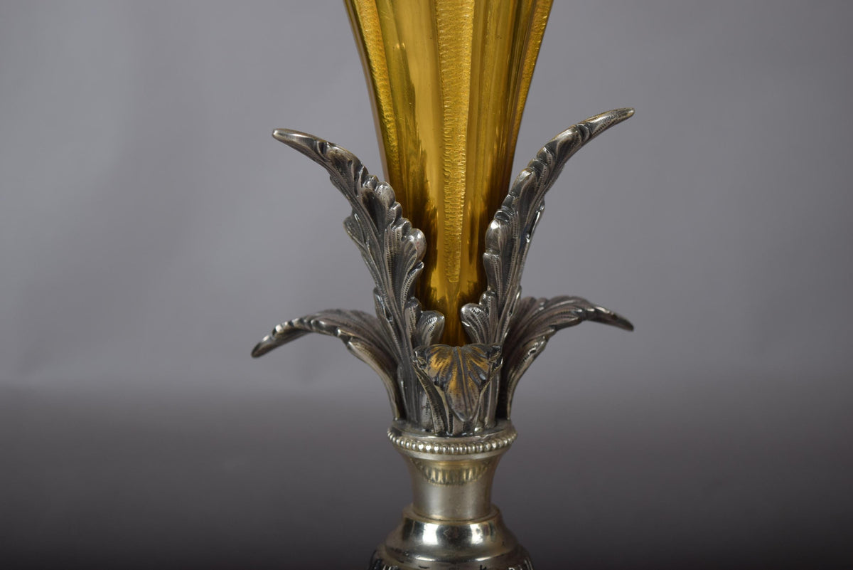 Vintage Ornate Brass Table Lamp, Dual-Tone Gold & Silver Fluted Design, Sculpted Leaf Motif, Circa 1960s, Rewired