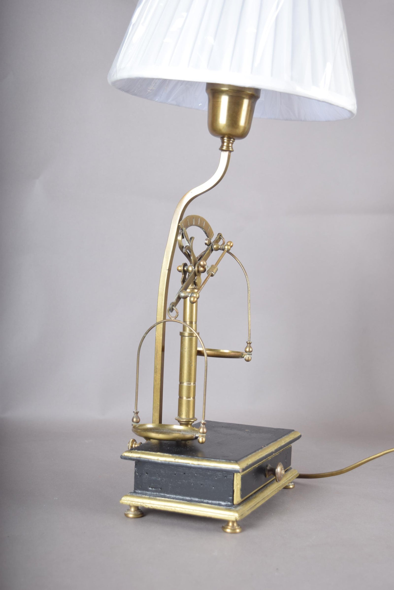 Vintage Brass Scale Lamp, Libra Balance Motif, Drawer Base, Pleated Shade, 1950s