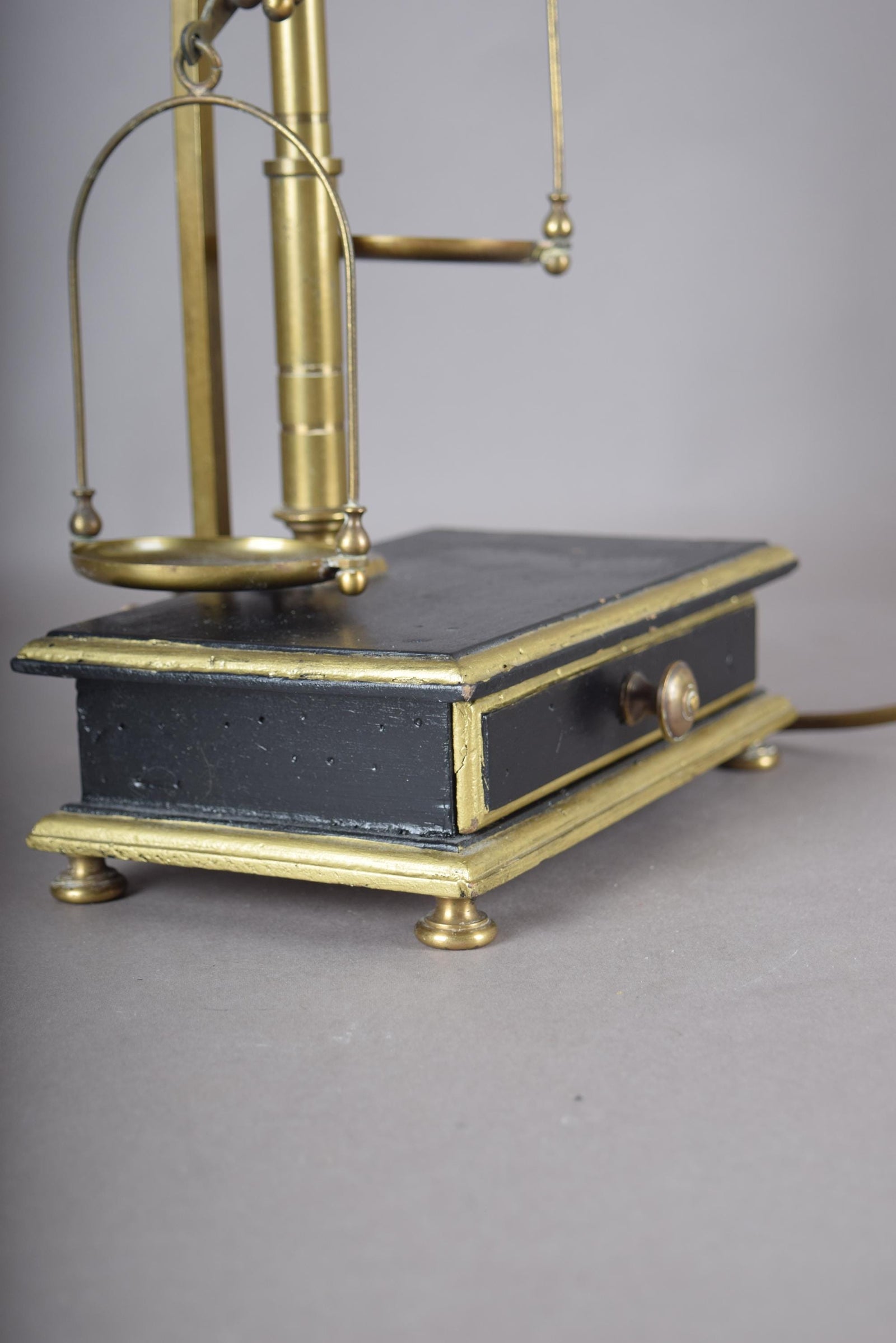 Vintage Brass Scale Lamp, Libra Balance Motif, Drawer Base, Pleated Shade, 1950s