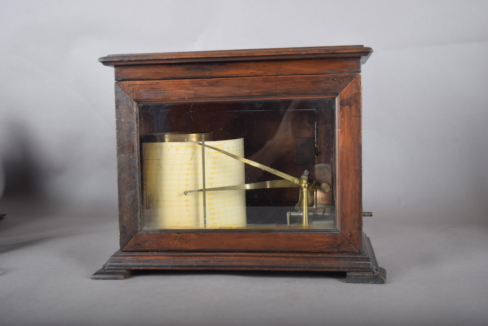 Antique Oak Barograph, Brass Mechanism with Chart Drum — English, 1930s