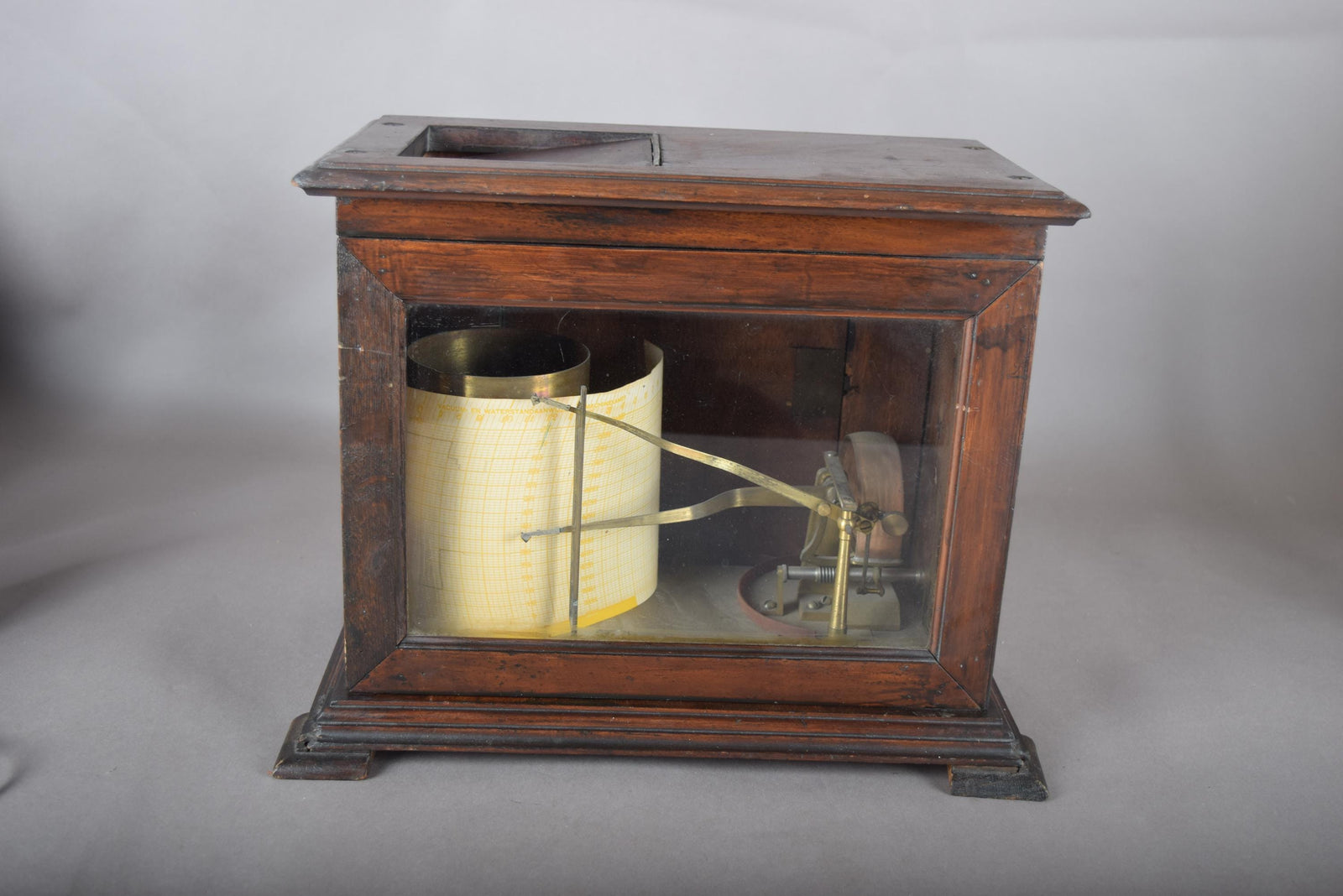 Antique Oak Barograph, Brass Mechanism with Chart Drum — English, 1930s