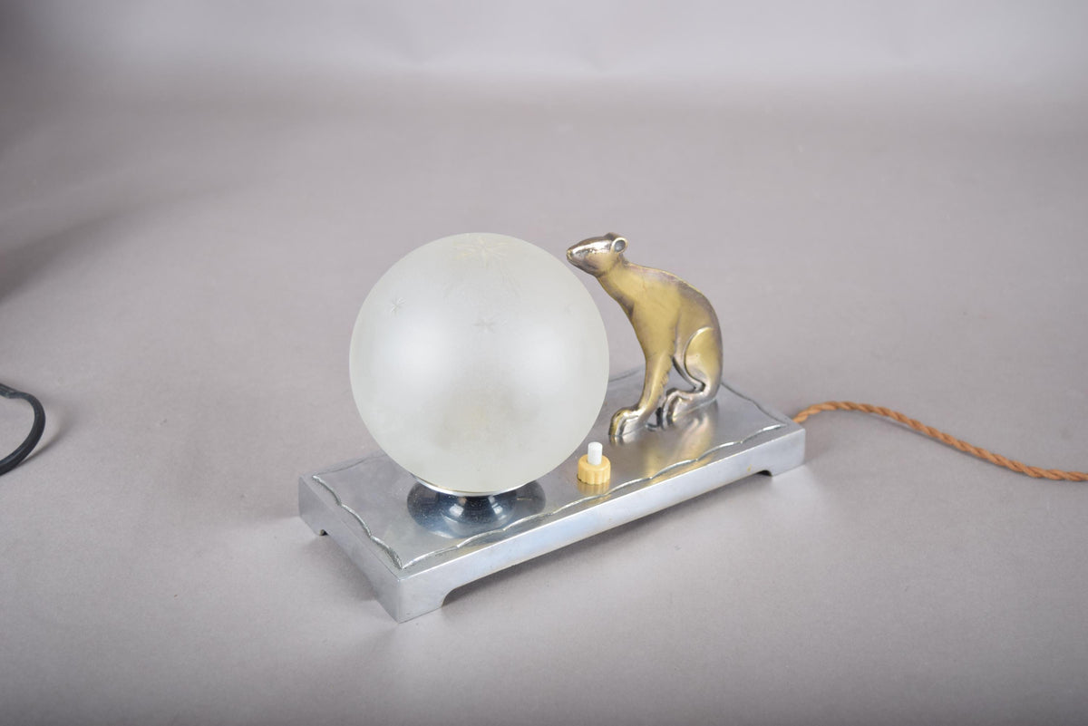 Vintage Art Deco Table Lamp, Brass-Toned Animal Figure, Frosted Glass Globe, 1940s