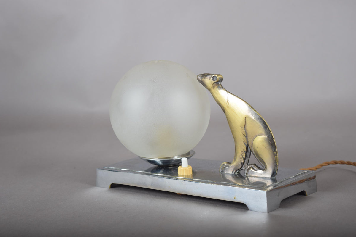 Vintage Art Deco Table Lamp, Brass-Toned Animal Figure, Frosted Glass Globe, 1940s