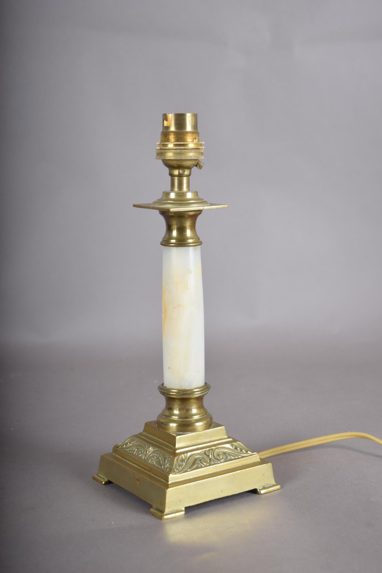 Vintage Brass and White Onyx Column Table Lamp, Square Brass Base