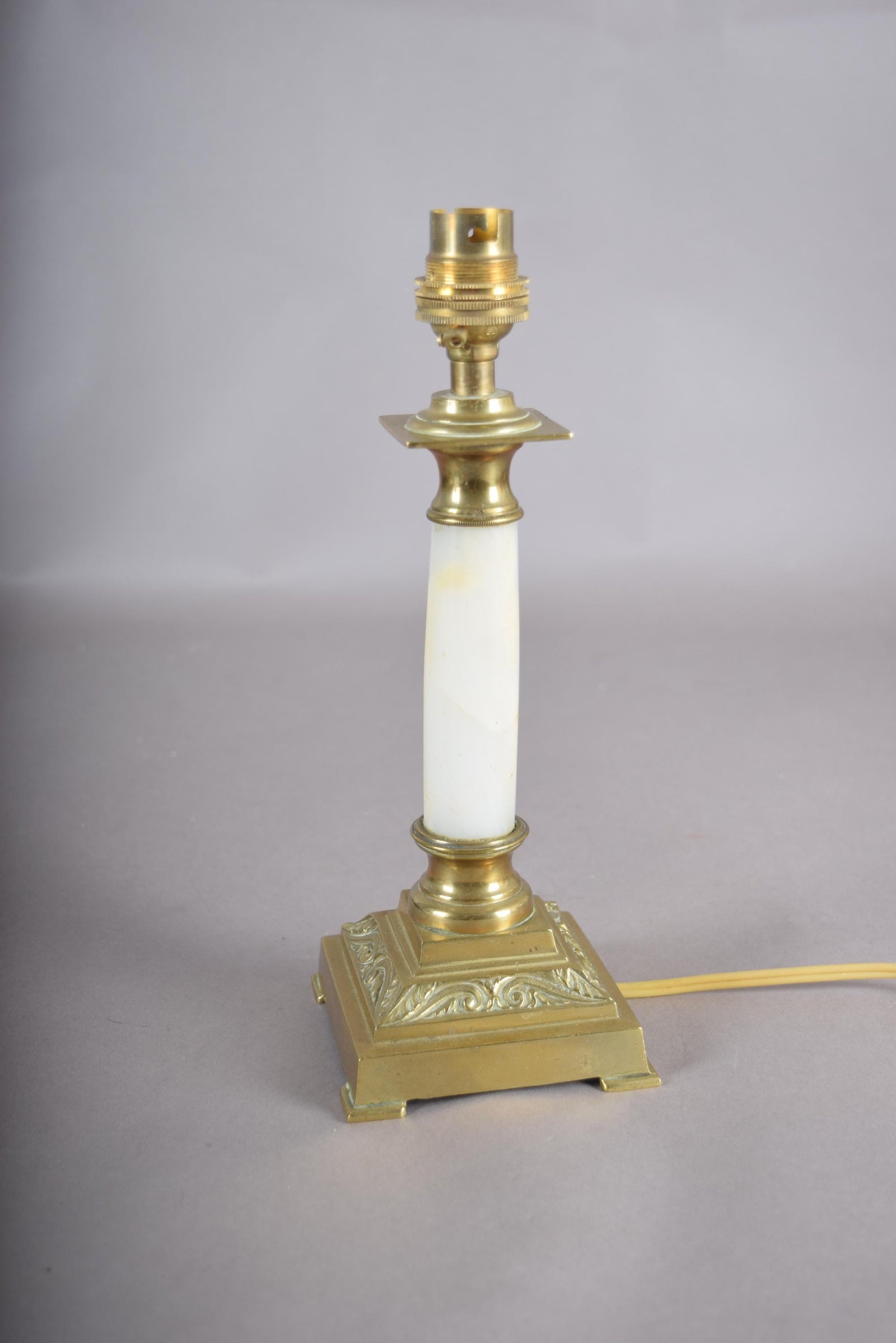 Vintage Brass and White Onyx Column Table Lamp, Square Brass Base