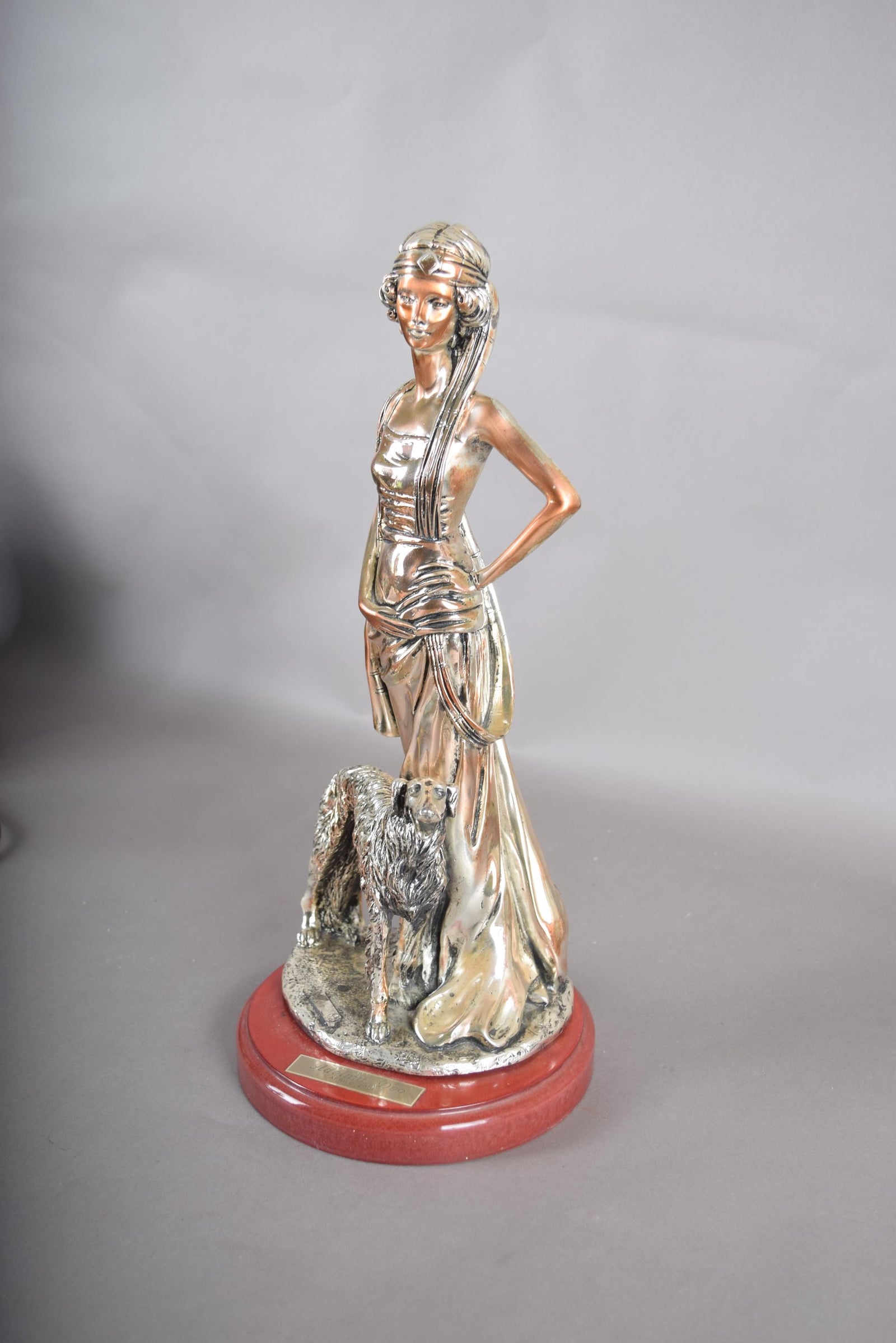 Silver-Plated Art Deco Style Sculpture, Lady with Borzoi Dog, Dated 2001