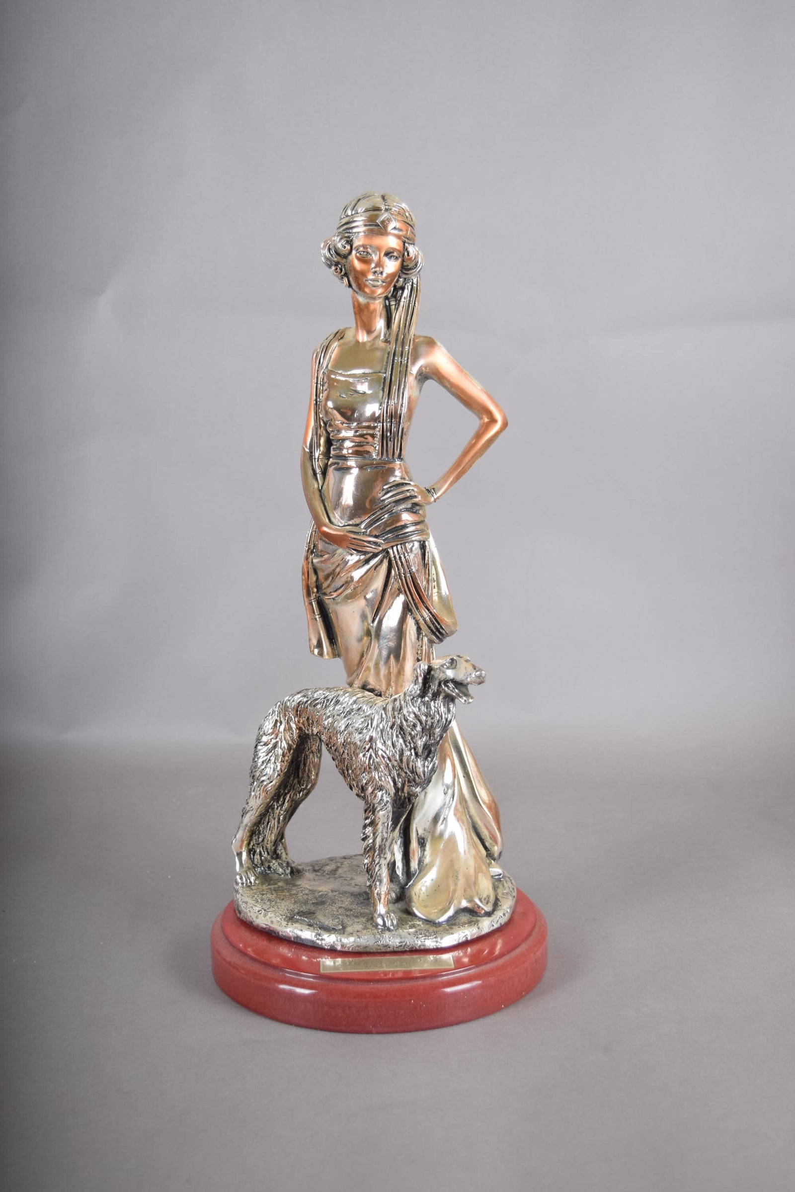 Silver-Plated Art Deco Style Sculpture, Lady with Borzoi Dog, Dated 2001