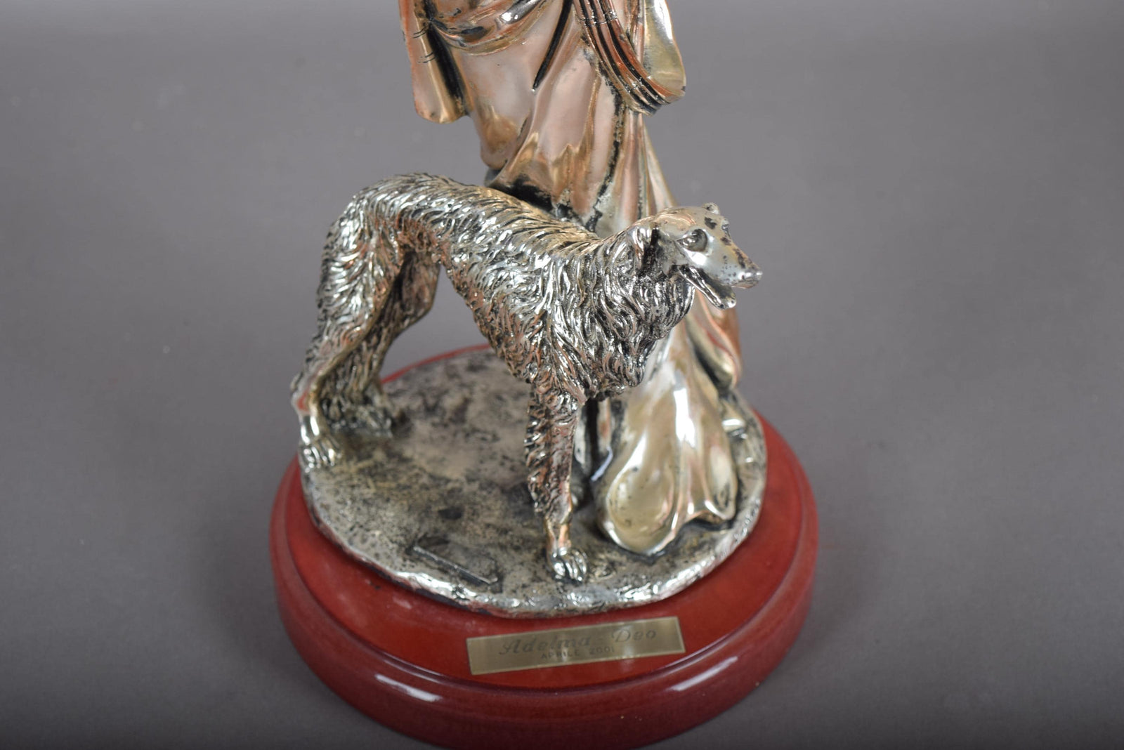 Silver-Plated Art Deco Style Sculpture, Lady with Borzoi Dog, Dated 2001