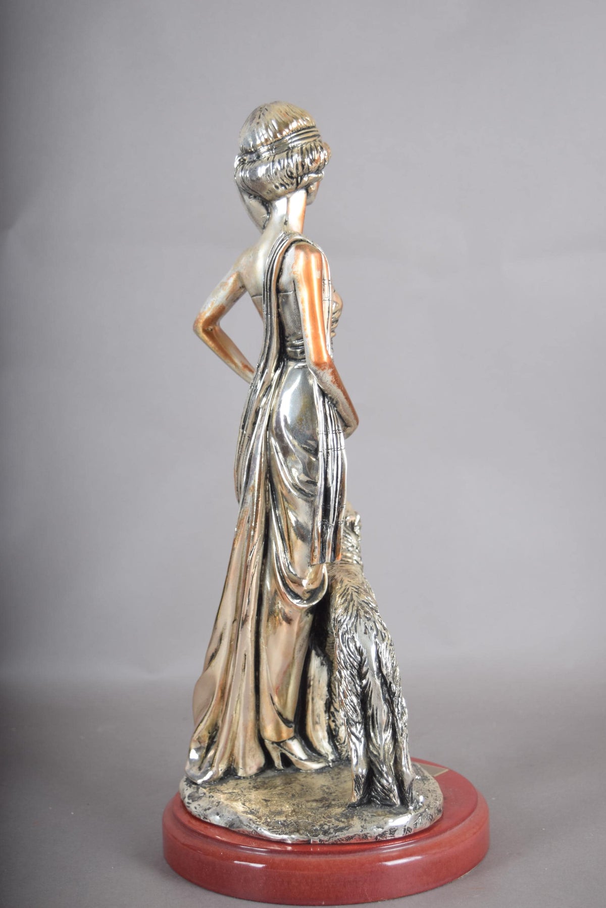 Silver-Plated Art Deco Style Sculpture, Lady with Borzoi Dog, Dated 2001