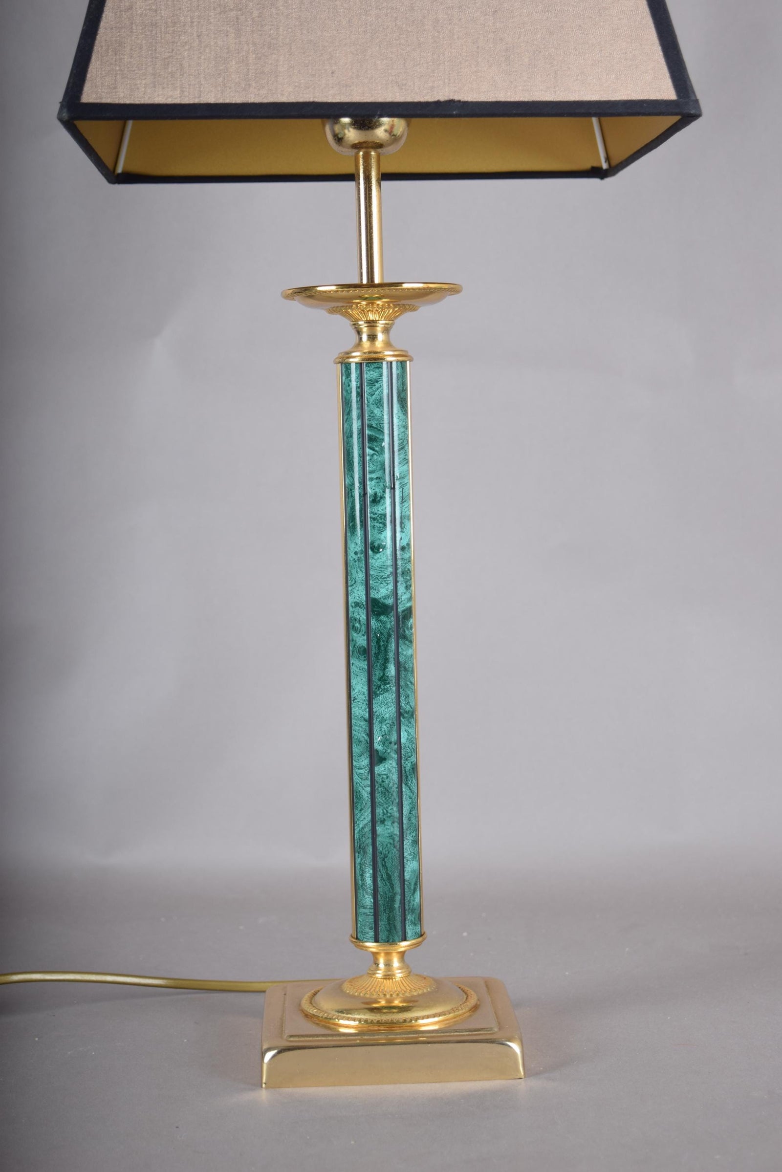 Vintage 1980s Table Lamp, Malachite-Style Green Column, Gold-Toned Metal, Hollywood Regency Style