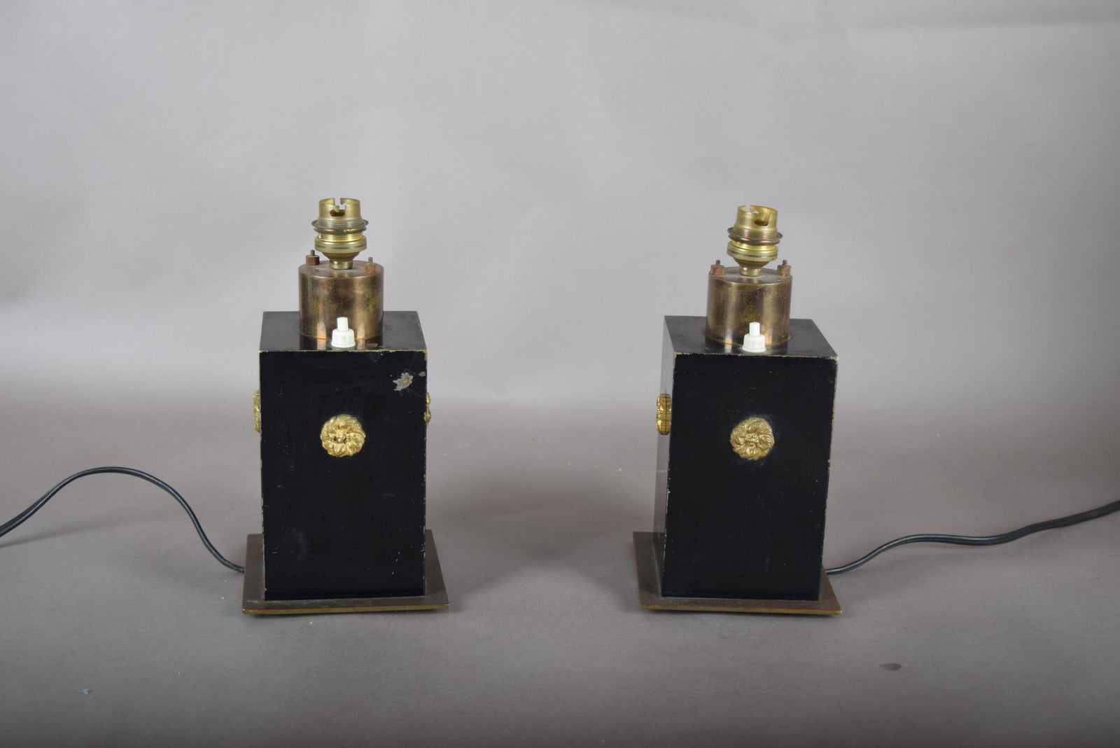 Vintage Black and Brass Table Lamps, Art Deco Style Geometric Base, Pair