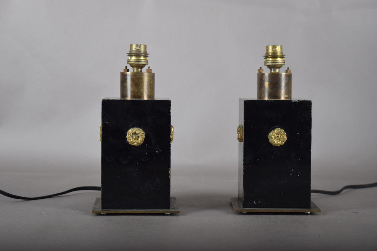 Vintage Black and Brass Table Lamps, Art Deco Style Geometric Base, Pair