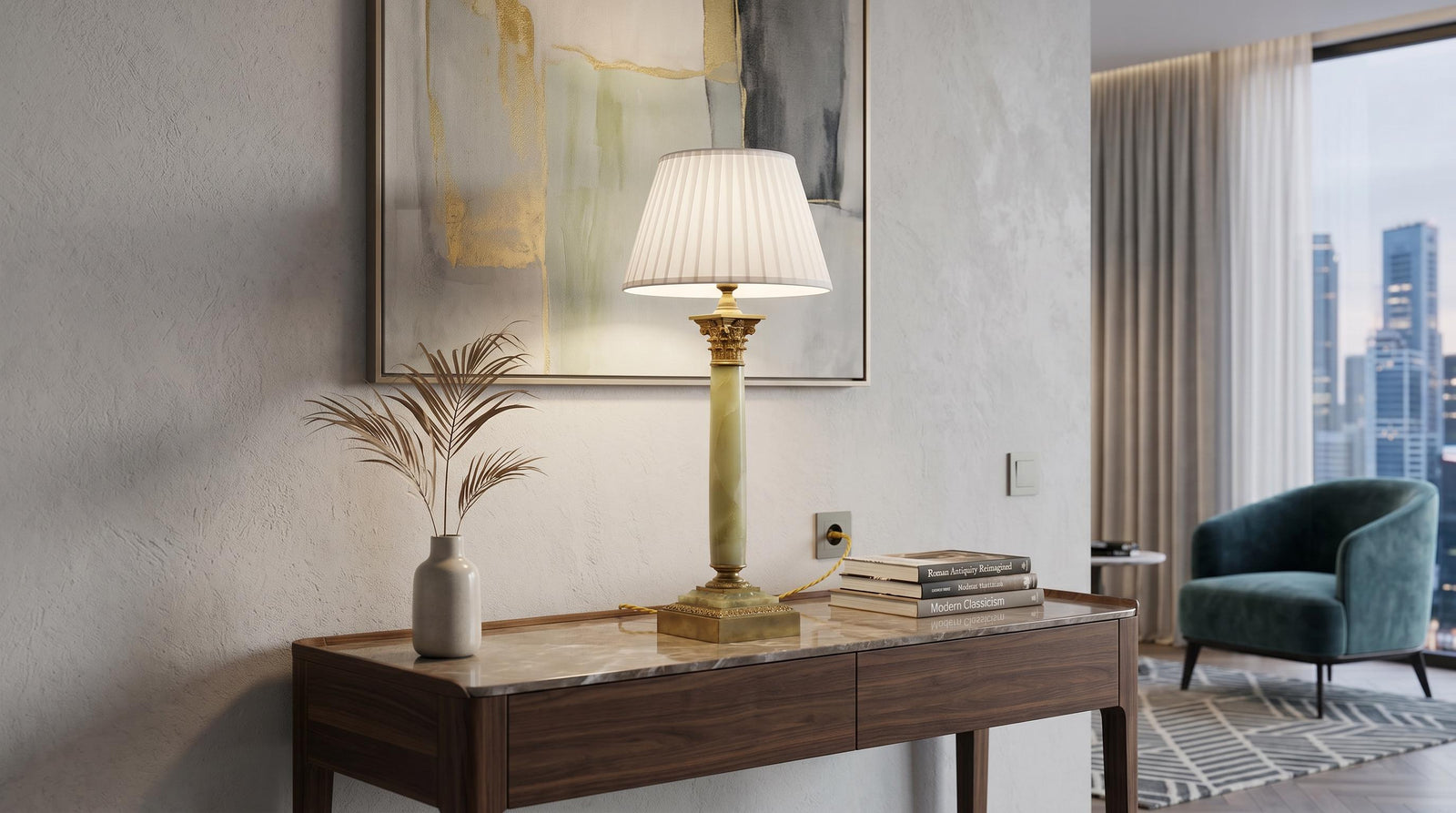 Vintage 1930s Green Onyx Column Table Lamp – Gold-Plated Corinthian Capital, Neoclassical Statement Lighting