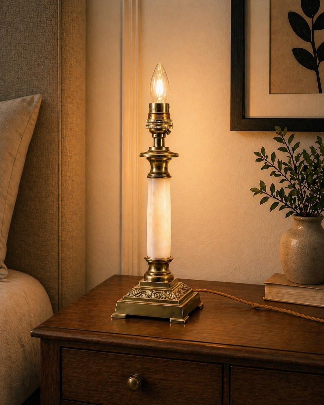 Vintage Brass and White Onyx Column Table Lamp, Square Brass Base