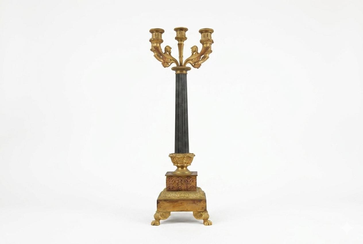 Antique Gilt Bronze Candelabra, Fluted Column with Figural Arms — French, 19th Century