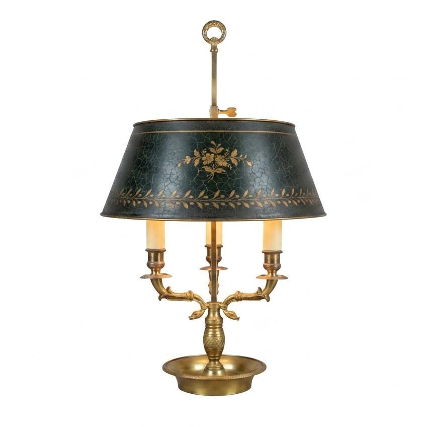 Antique Bronze Bouillotte Lamp, Swan-Head Arms — French Empire Style, Circa 1910s